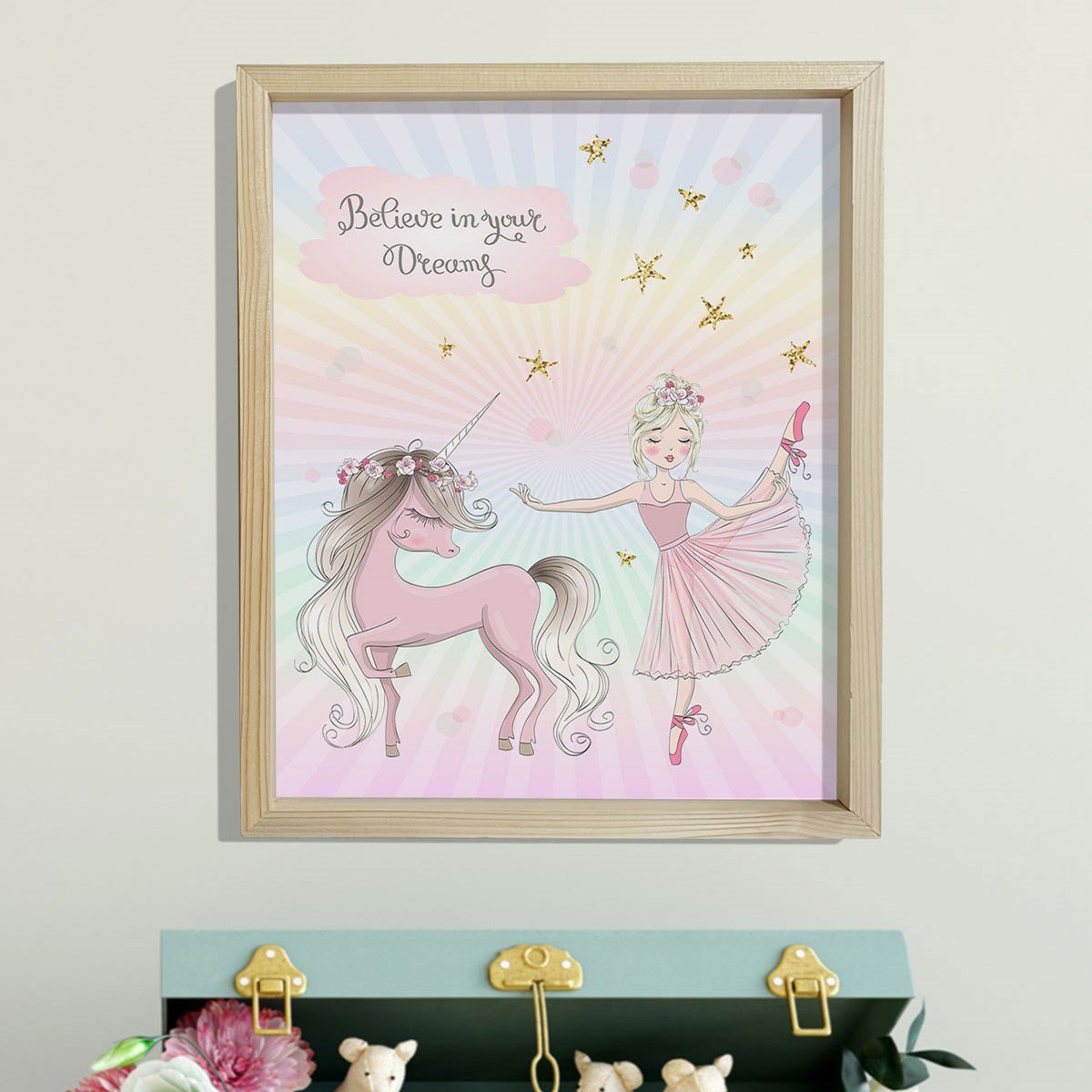 Doğal Çam Çerçeveli Bebek ve Çocuk Odası Duvar Tablosu Gökkuşağı Balerin ve Unicorn
