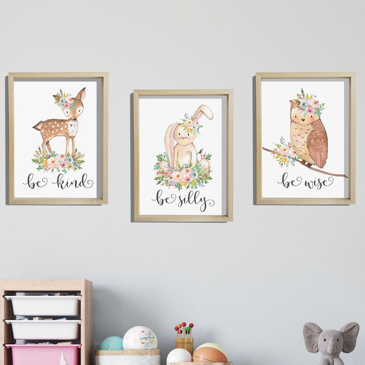 Doğal Çam Çerçeveli Bebek ve Çocuk Odası Duvar Tablosu Sevimli Hayvanlar