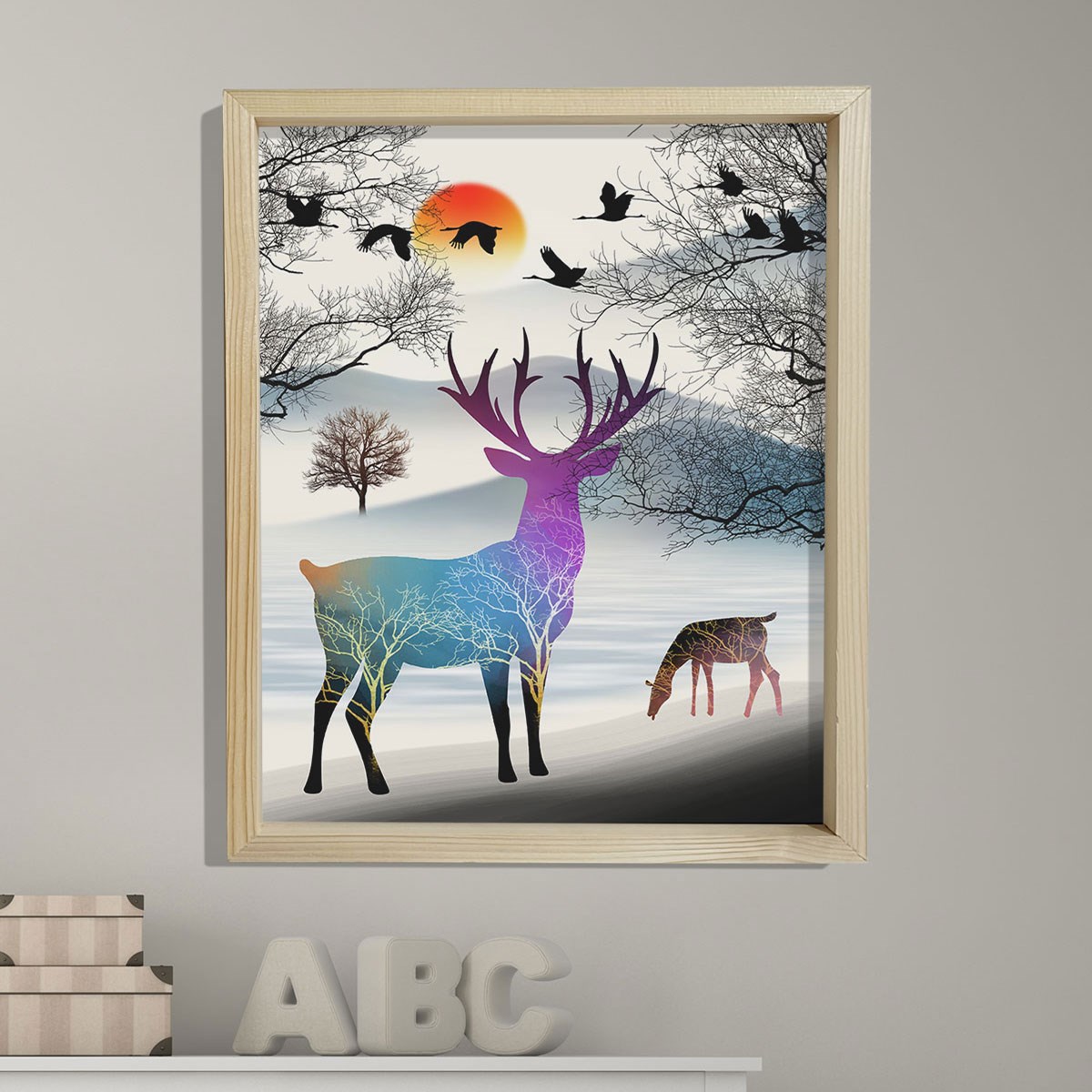 Doğal Çam Çerçeveli Bebek ve Çocuk Odası Duvar Tablosu Geyik