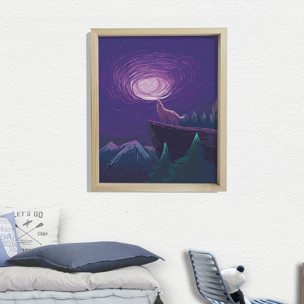 Doğal Çam Çerçeveli Bebek ve Çocuk Odası Duvar Tablosu Yalnız Kurt