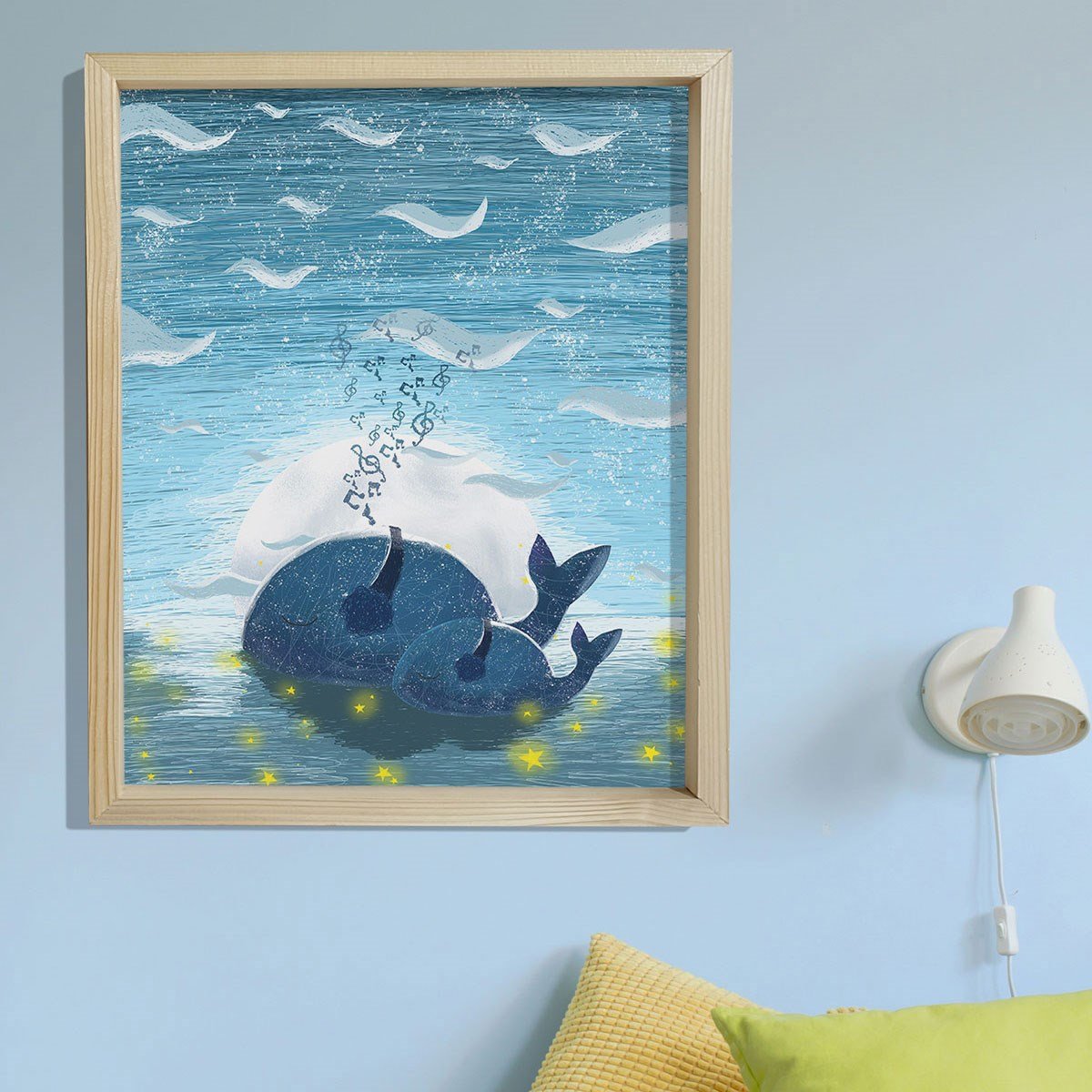 Doğal Çam Çerçeveli Bebek ve Çocuk Odası Duvar Tablosu Anne ve Yavru Balina