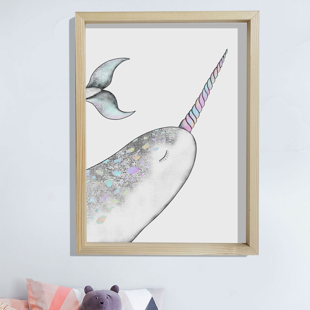Doğal Çam Çerçeveli Bebek ve Çocuk Odası Duvar Tablosu Narval