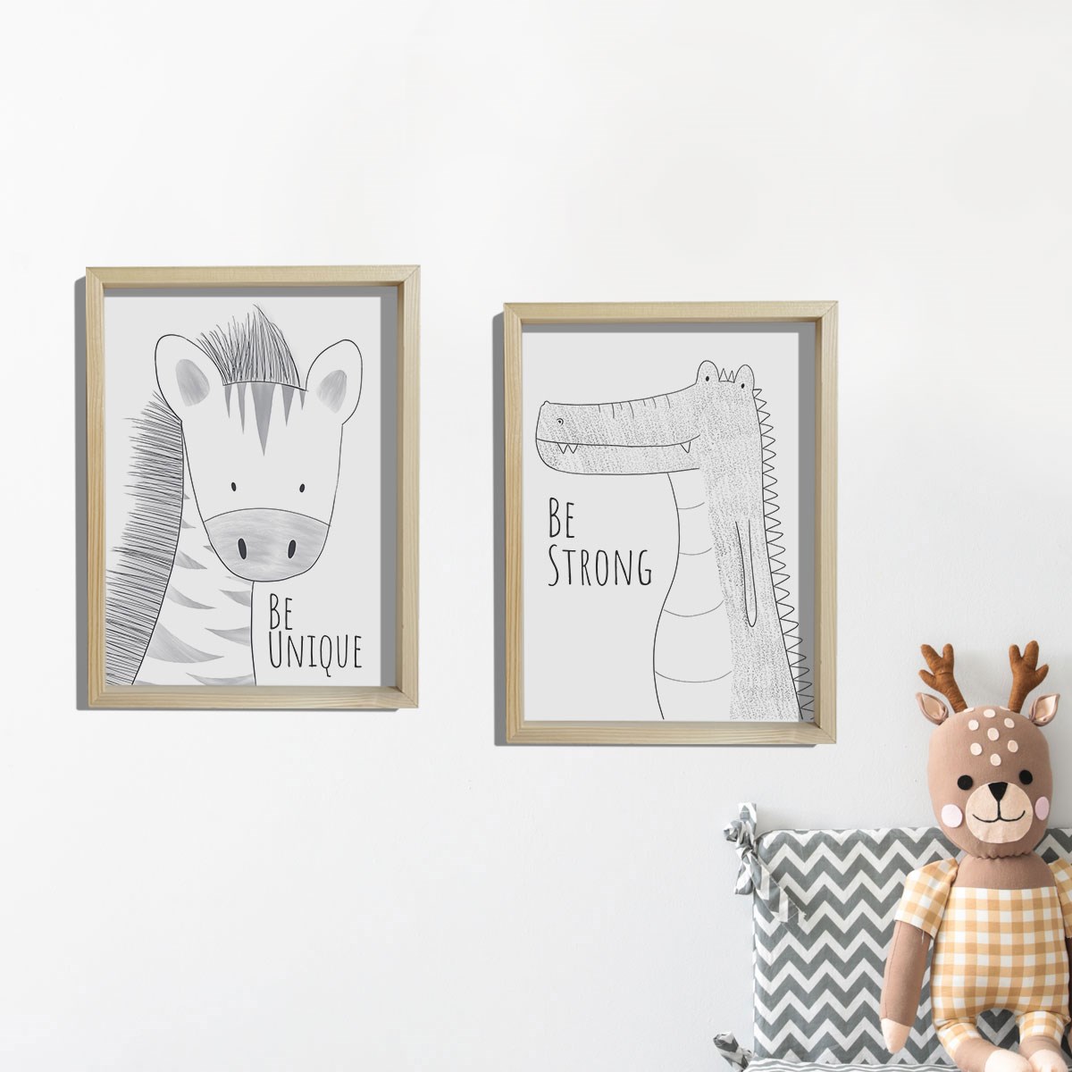 Doğal Çam Çerçeveli Bebek ve Çocuk Odası Duvar Tablosu Zürada ve Timsah