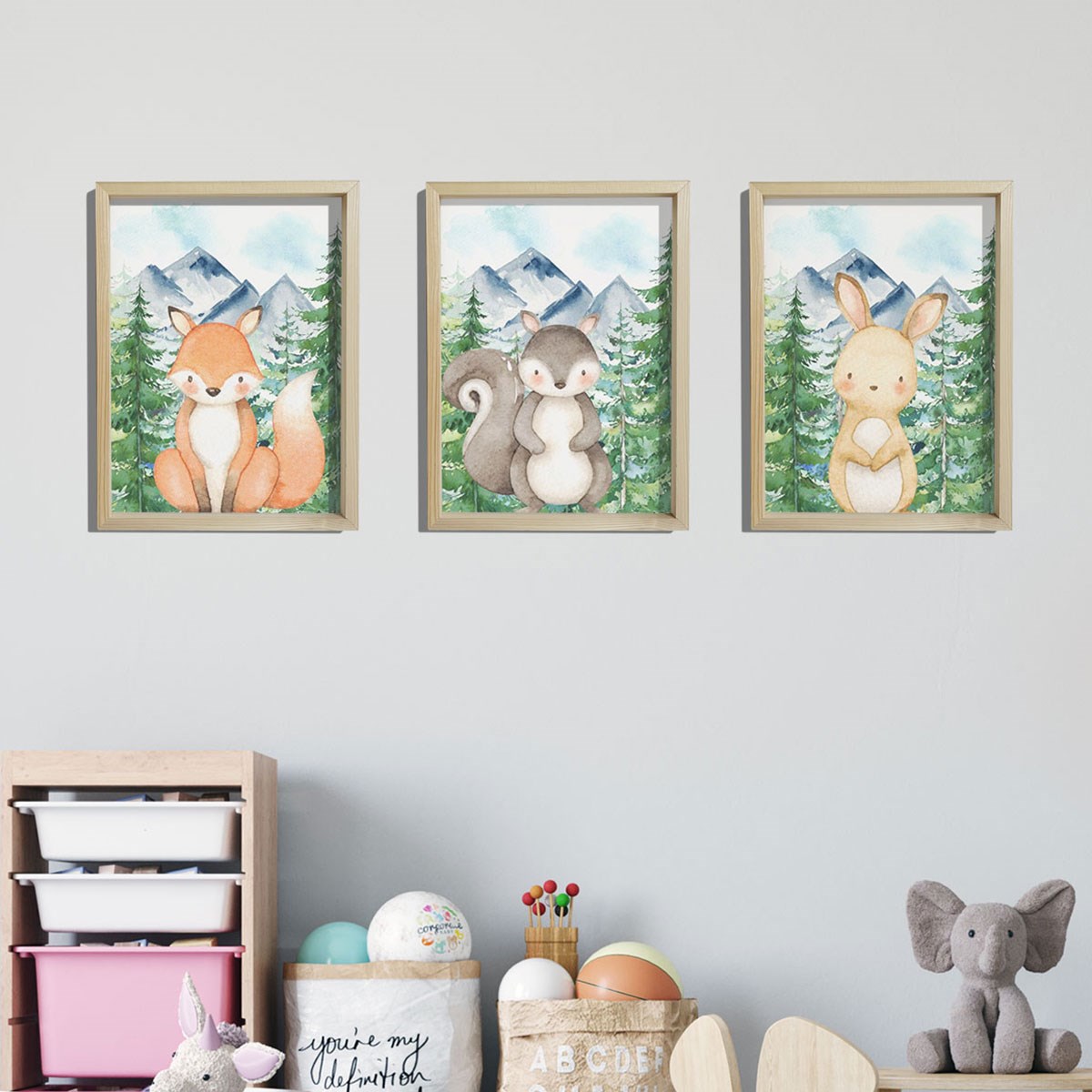 Doğal Çam Çerçeveli Bebek ve Çocuk Odası Duvar Tablosu Sevimli Hayvanlar