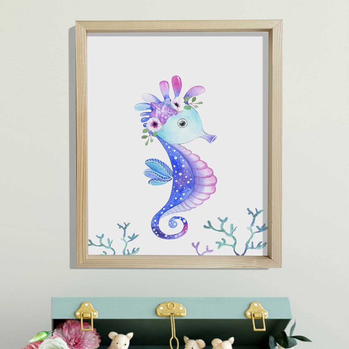 Doğal Çam Çerçeveli Bebek ve Çocuk Odası Duvar Tablosu Çiçekli Denizatı