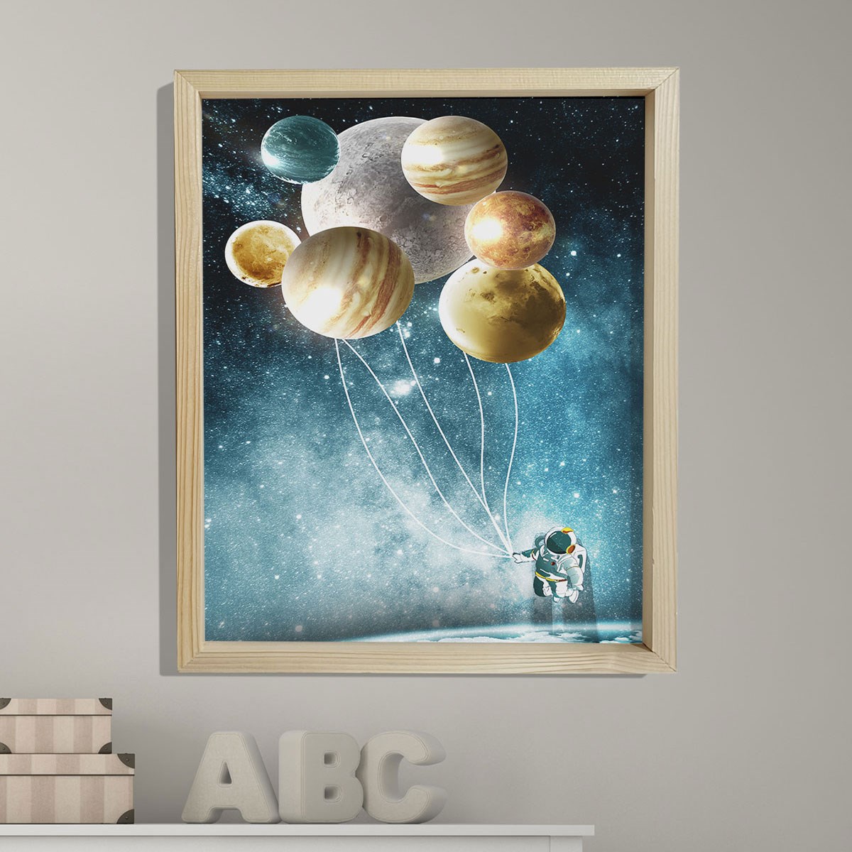 Doğal Çam Çerçeveli Bebek ve Çocuk Odası Duvar Tablosu Uzay Hakimi