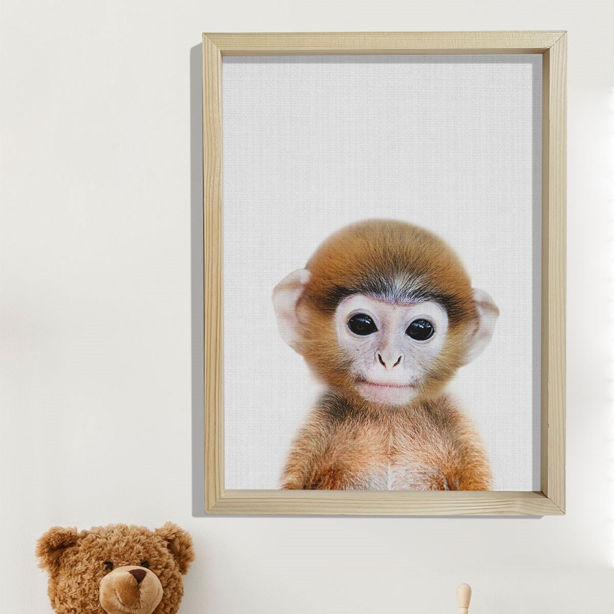 Doğal Çam Çerçeveli Bebek ve Çocuk Odası Duvar Tablosu Şirin Maymun