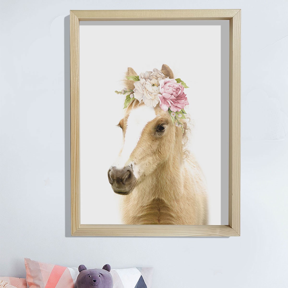 Doğal Çam Çerçeveli Bebek ve Çocuk Odası Duvar Tablosu Çiçekli At
