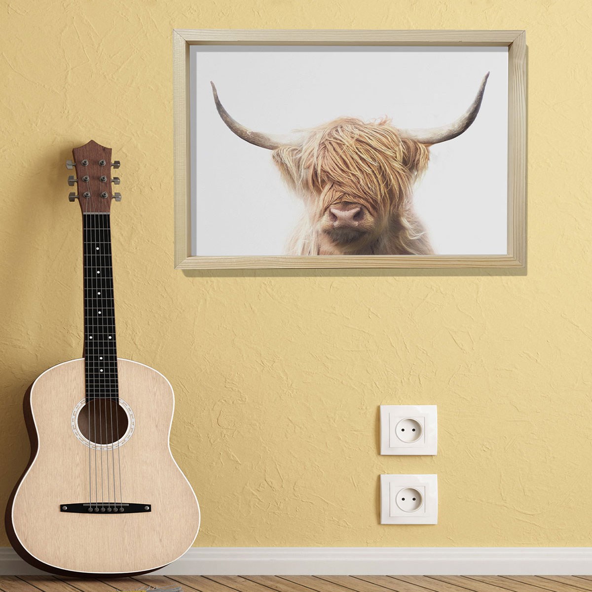 Doğal Çam Çerçeveli Bebek ve Çocuk Odası Duvar Tablosu Yayla İneği