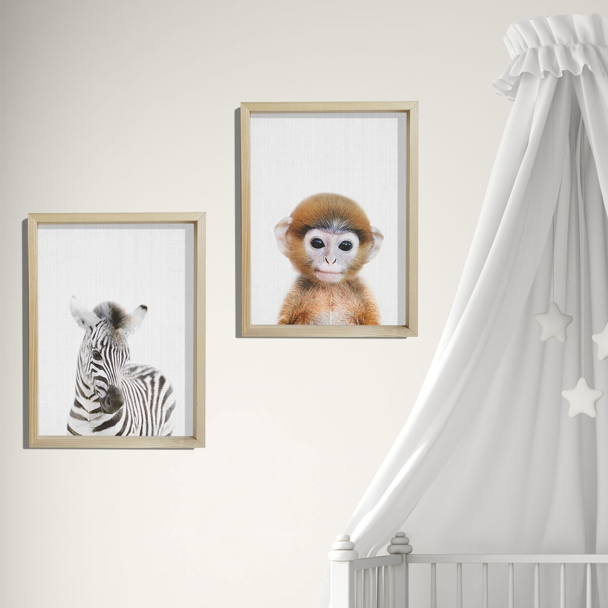 Doğal Çam Çerçeveli Bebek ve Çocuk Odası Duvar Tablosu Zebra ve Maymun