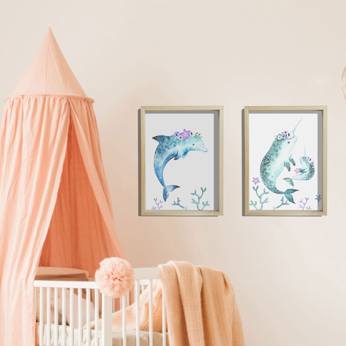 Doğal Çam Çerçeveli Bebek ve Çocuk Odası Duvar Tablosu Çiçekli Yunus Balığı ve Narval