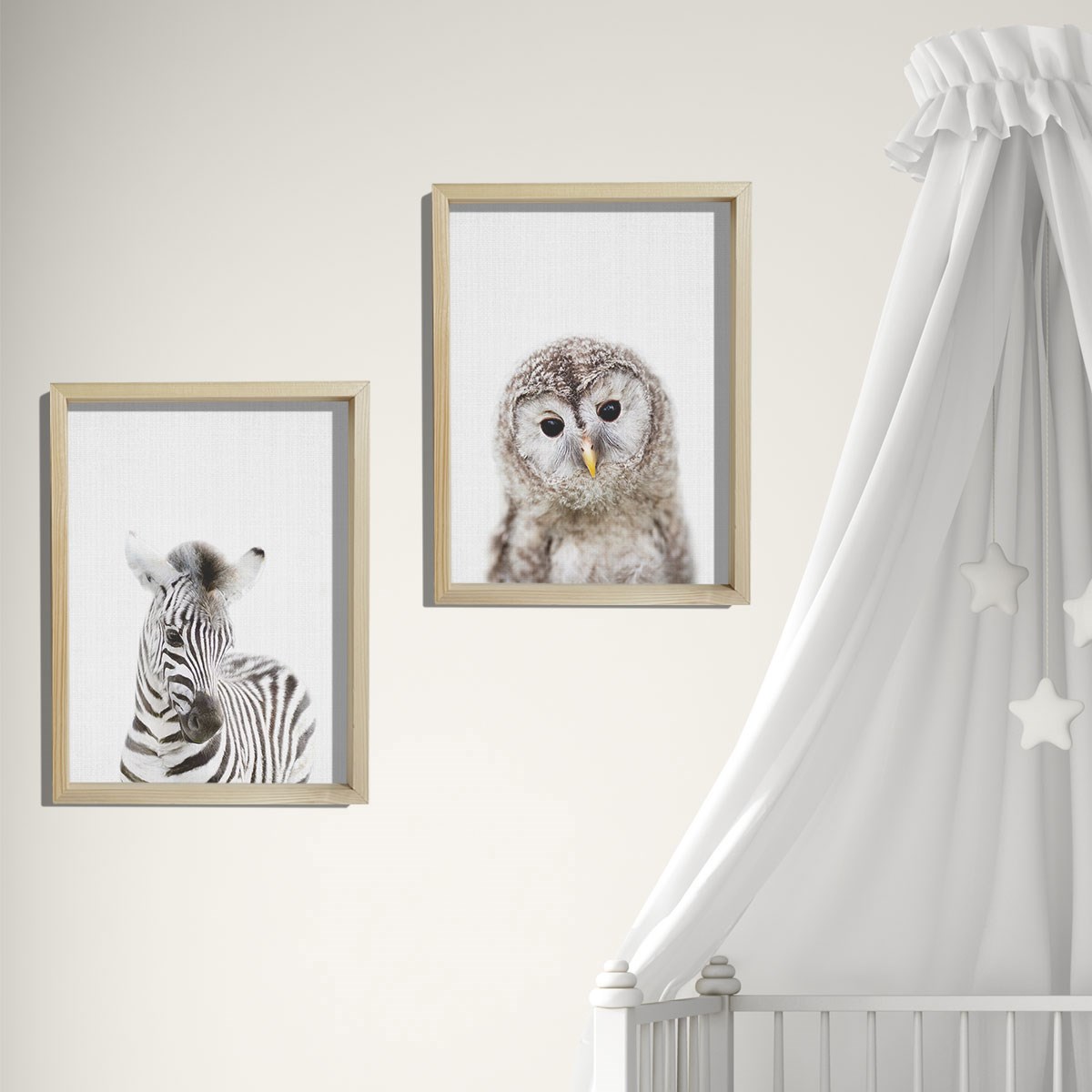 Doğal Çam Çerçeveli Bebek ve Çocuk Odası Duvar Tablosu Zebra ve Baykuş