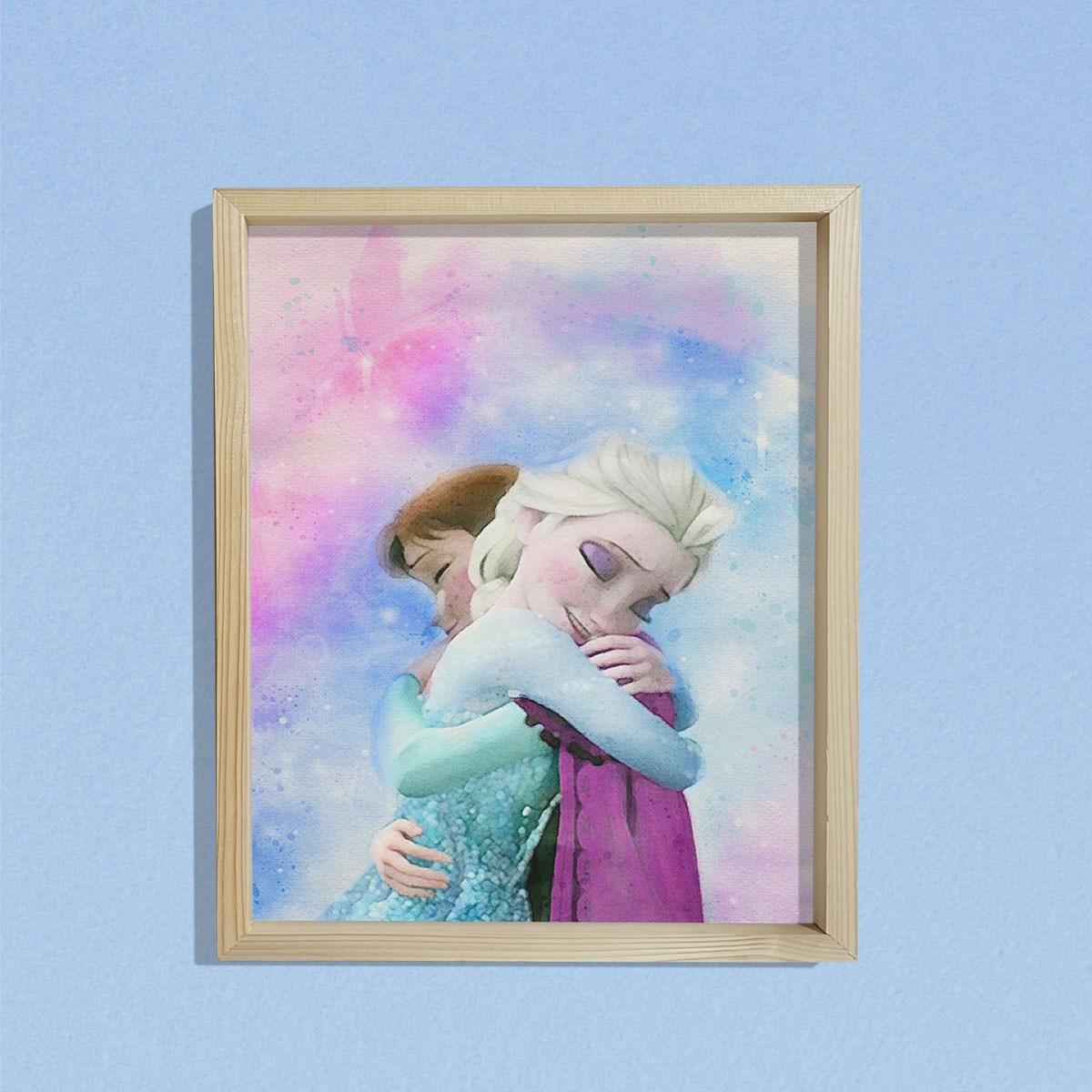 Doğal Çam Çerçeveli Bebek ve Çocuk Odası Duvar Tablosu Elsa ve Anna