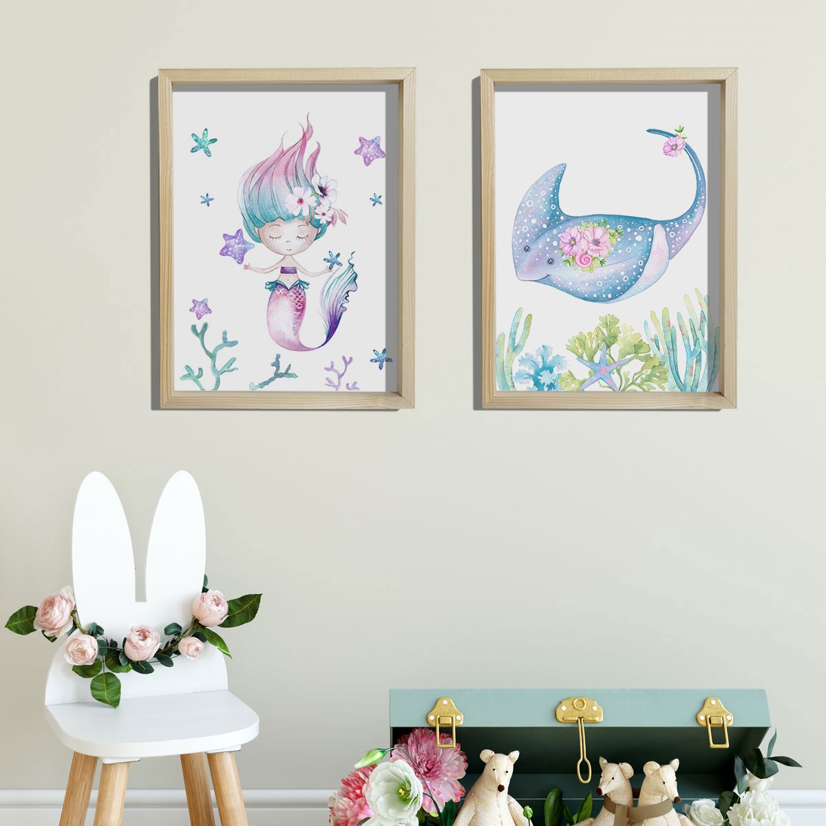 Doğal Çam Çerçeveli Bebek ve Çocuk Odası Duvar Tablosu Çiçekli Denizkızı ve Vatos Balığı