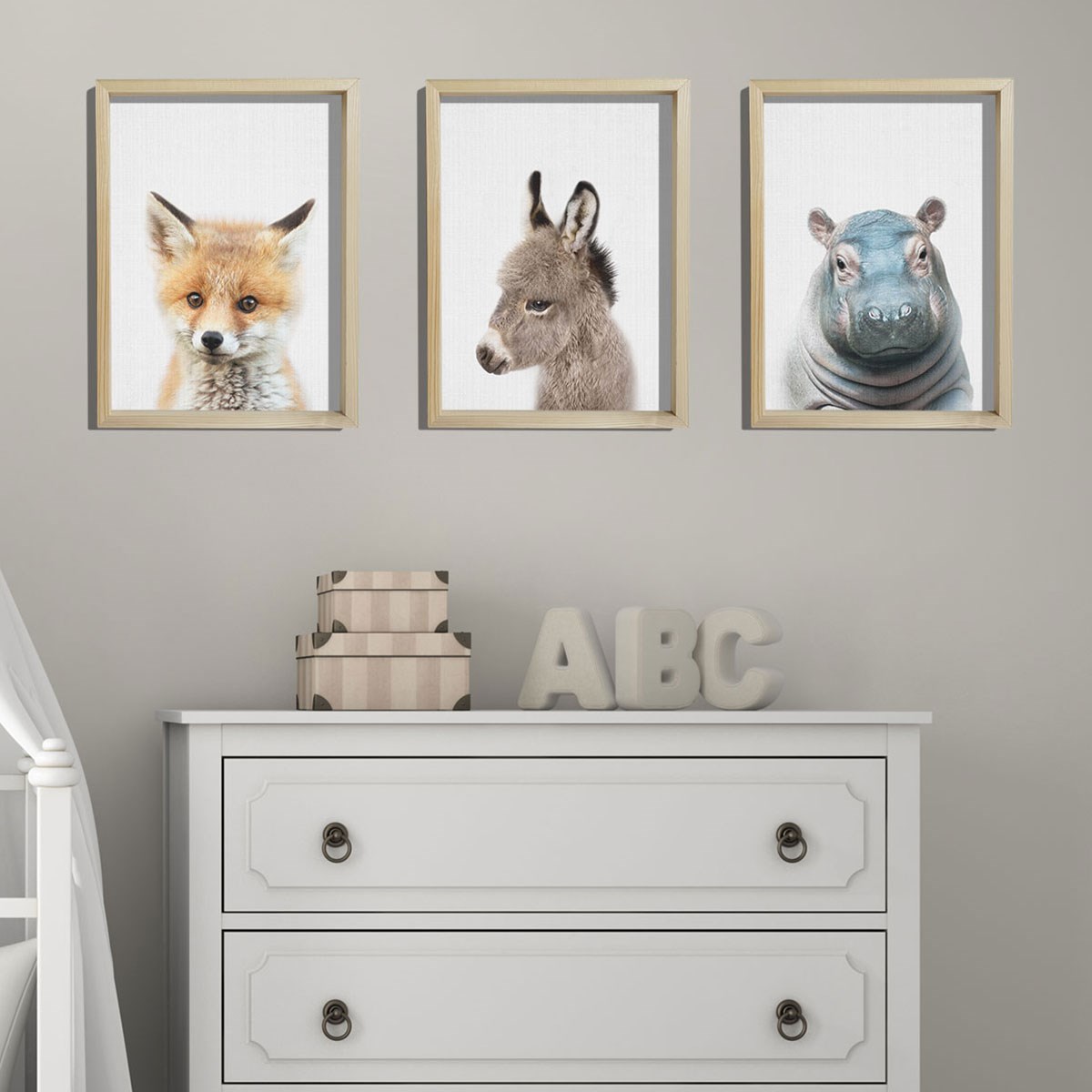 Doğal Çam Çerçeveli Bebek ve Çocuk Odası Duvar Tablosu Tilki - Eşek - Hipopotam