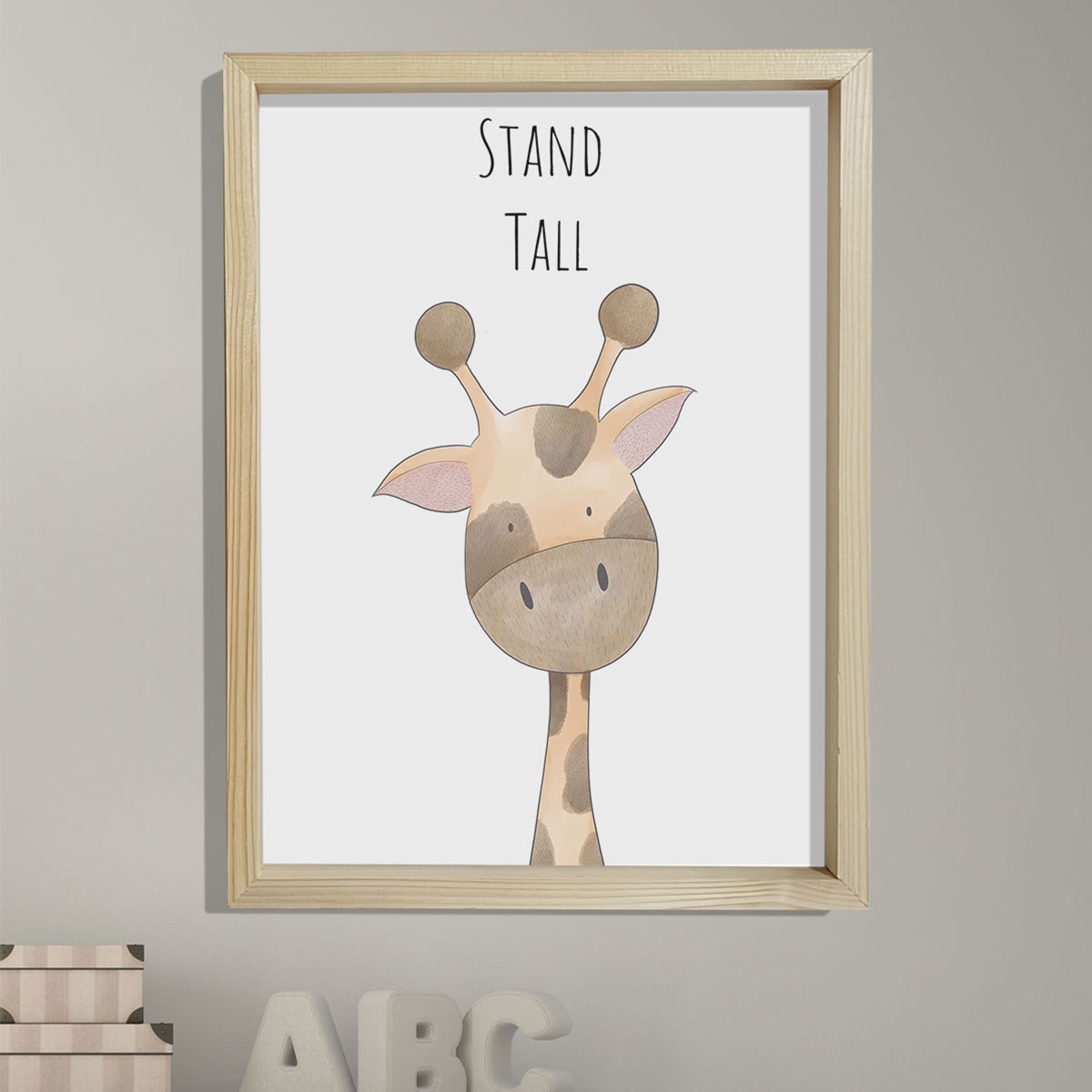 Doğal Çam Çerçeveli Bebek ve Çocuk Odası Duvar Tablosu Dik Dur - Zürafa