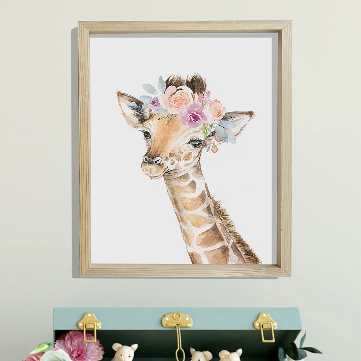 Doğal Çam Çerçeveli Bebek ve Çocuk Odası Duvar Tablosu Çiçekli Zürafa