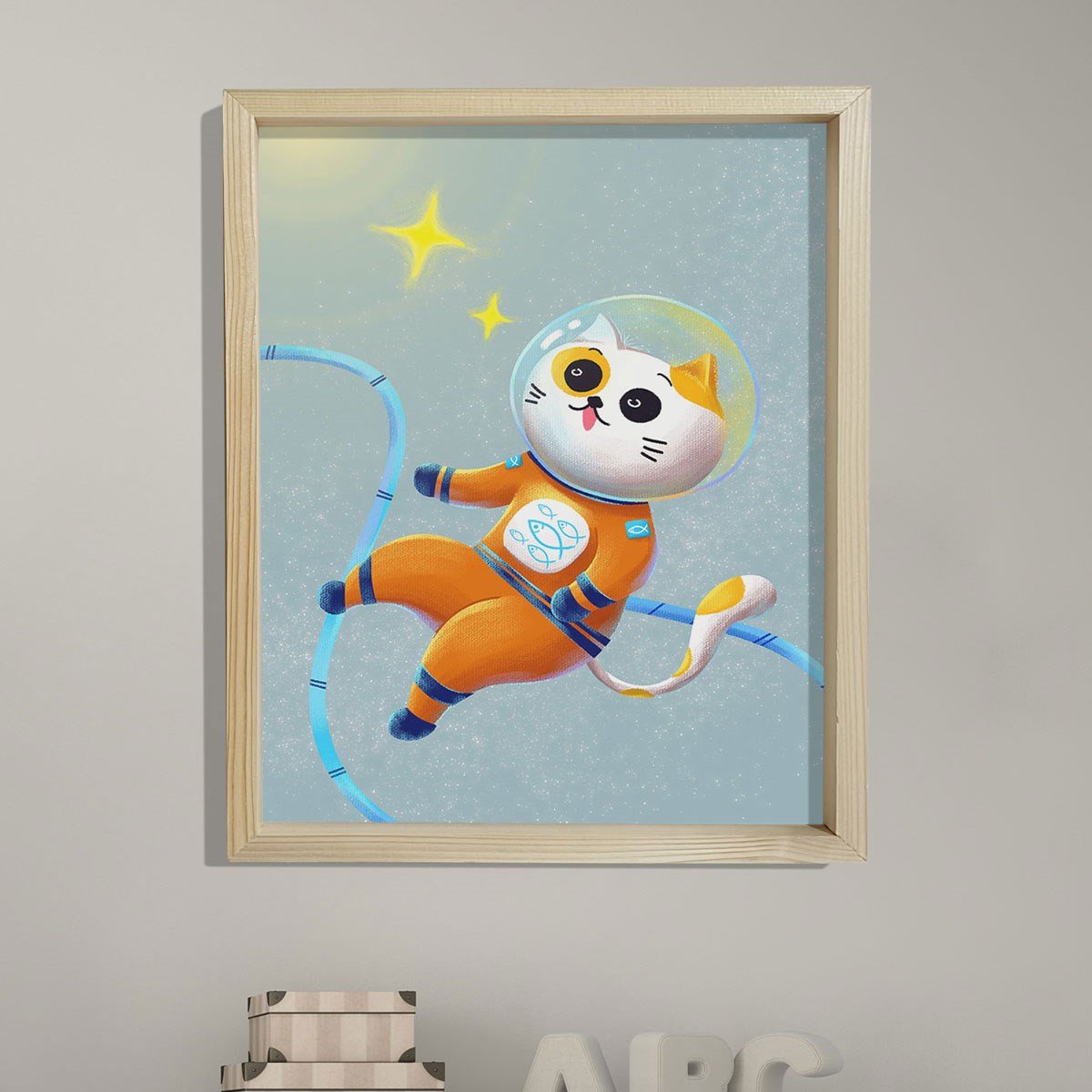 Doğal Çam Çerçeveli Bebek ve Çocuk Odası Duvar Tablosu Astronot Kedi