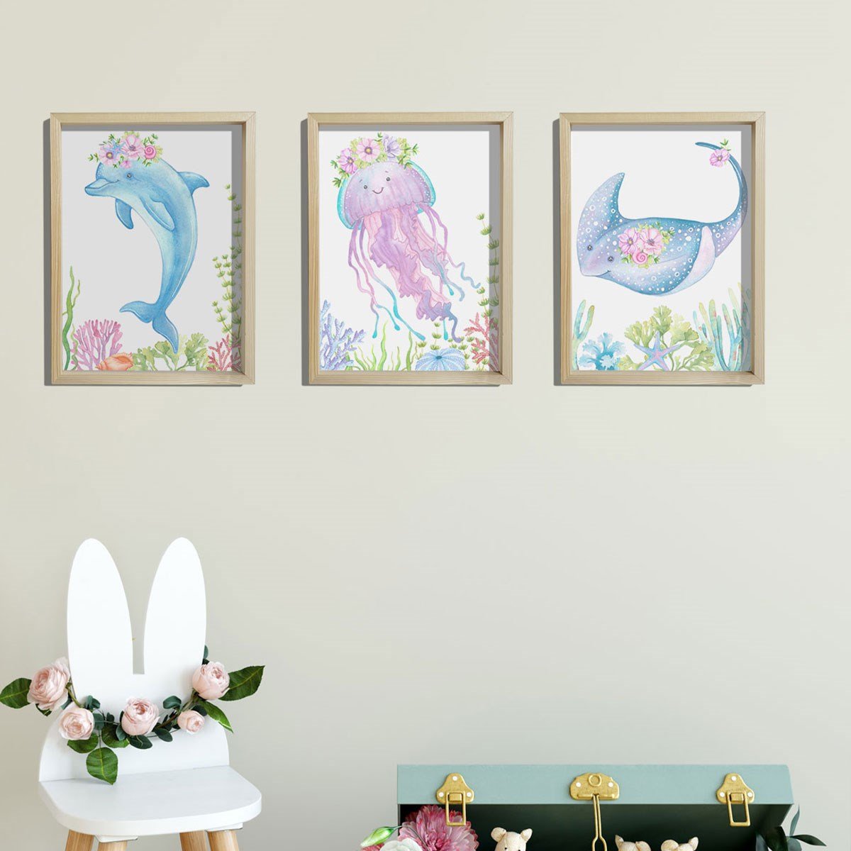 Doğal Çam Çerçeveli Bebek ve Çocuk Odası Duvar Tablosu Çiçekli Deniz Hayvanları