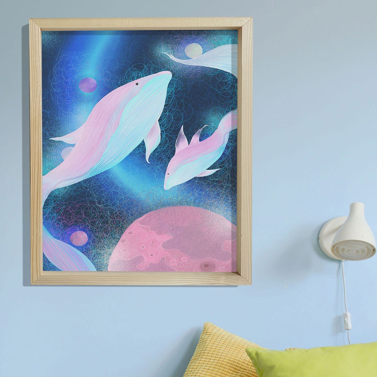 Doğal Çam Çerçeveli Bebek ve Çocuk Odası Duvar Tablosu Balıklar