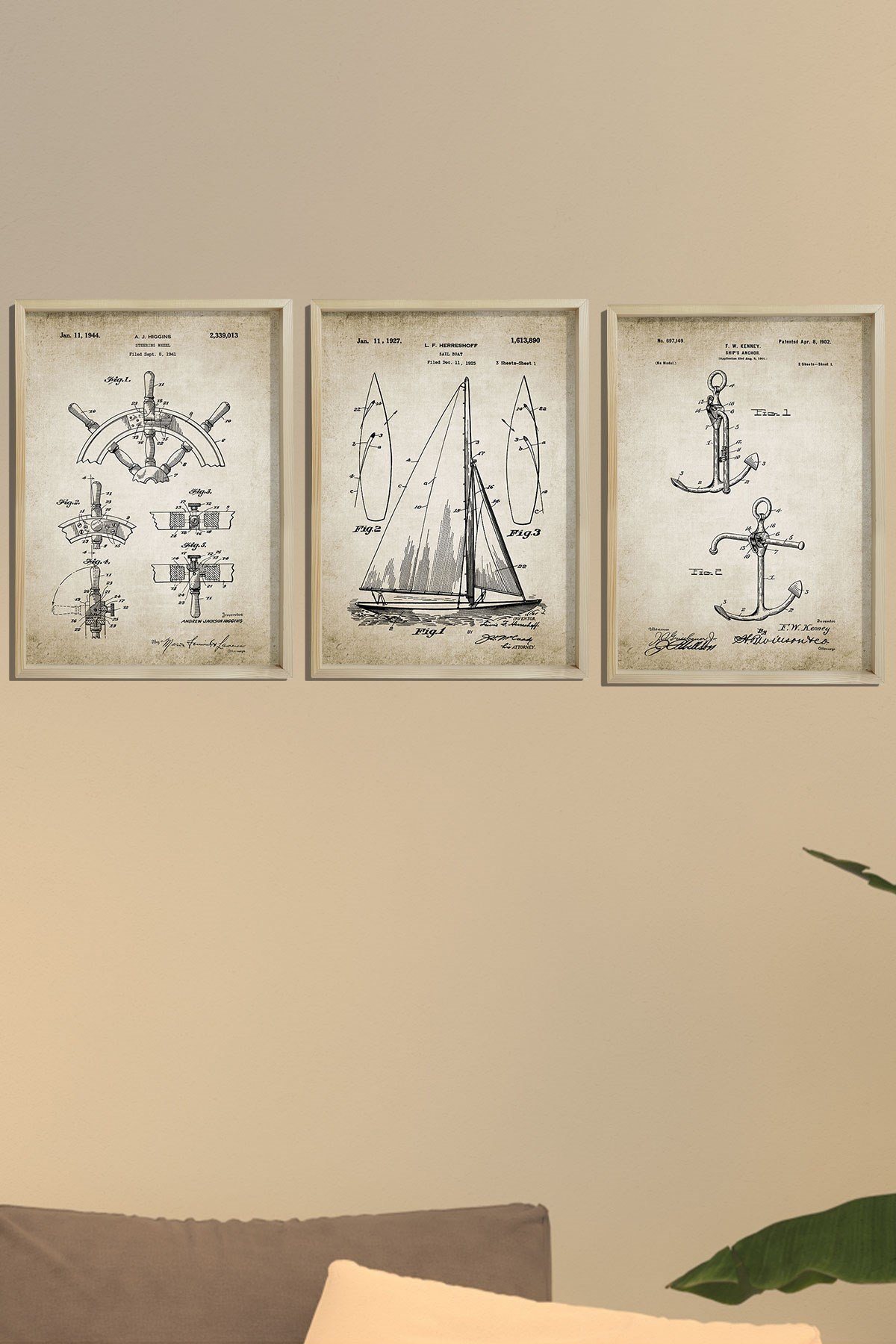 Doğal Çam Çerçeveli Denizci Odası Duvar Tablosu Antik Yelkenli Seti Patentleri