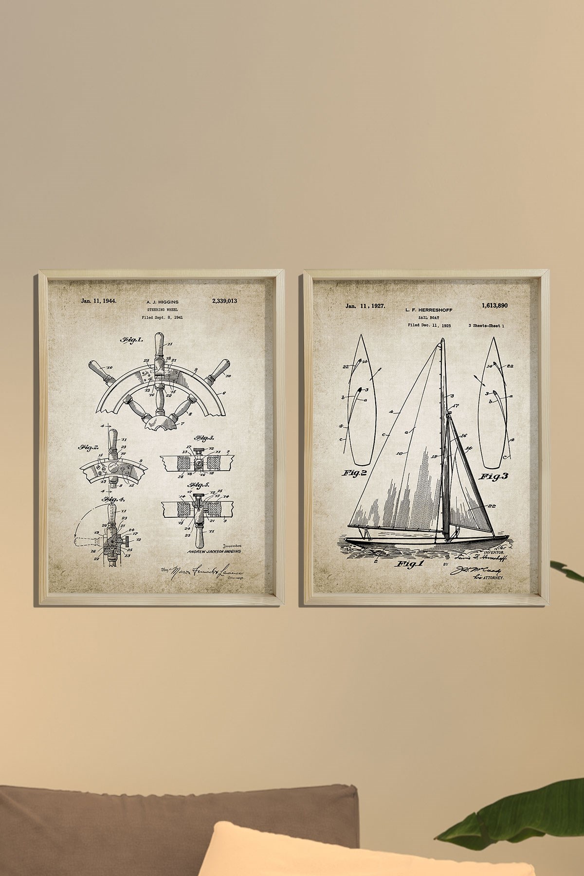 Doğal Çam Çerçeveli Denizci Odası Duvar Tablosu Yelkenli ve Dümen Patenti 1927