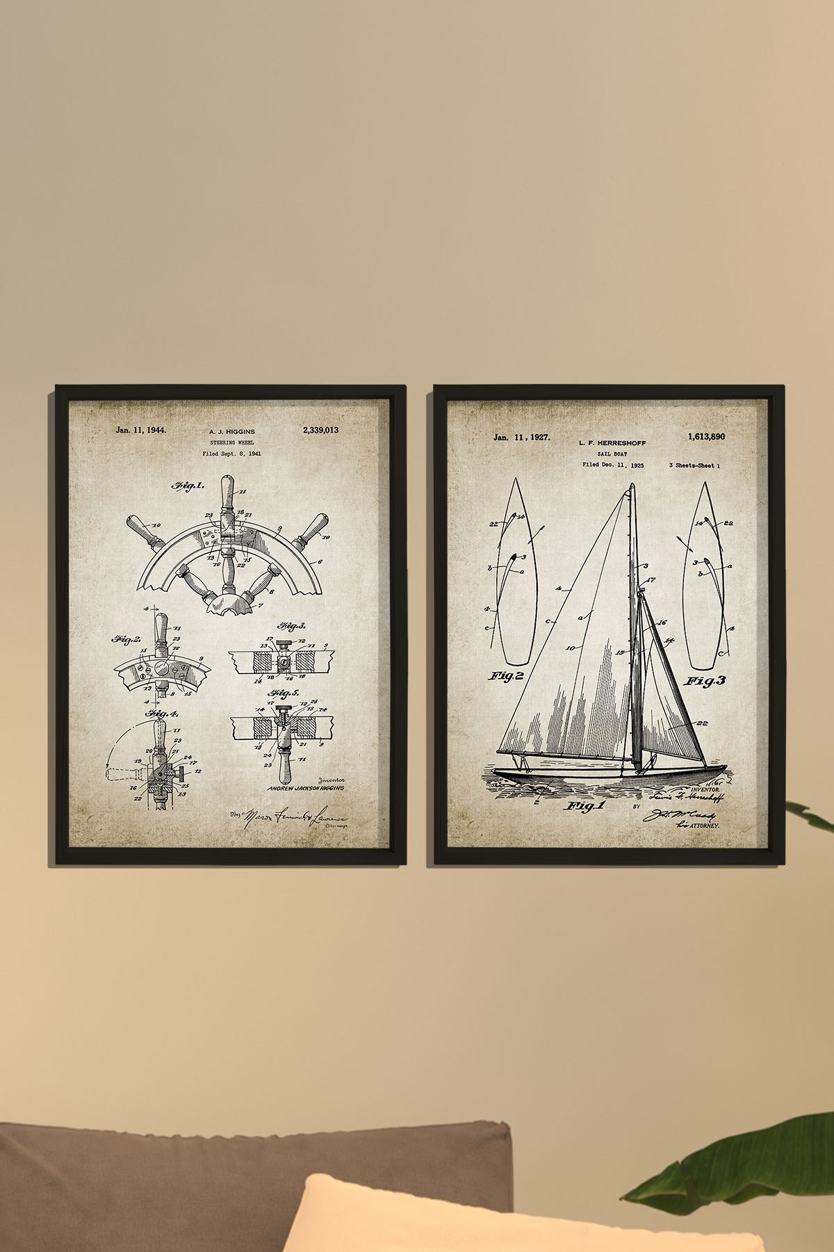 Doğal Çam Çerçeveli Denizci Odası Duvar Tablosu Yelkenli ve Dümen Patenti 1927