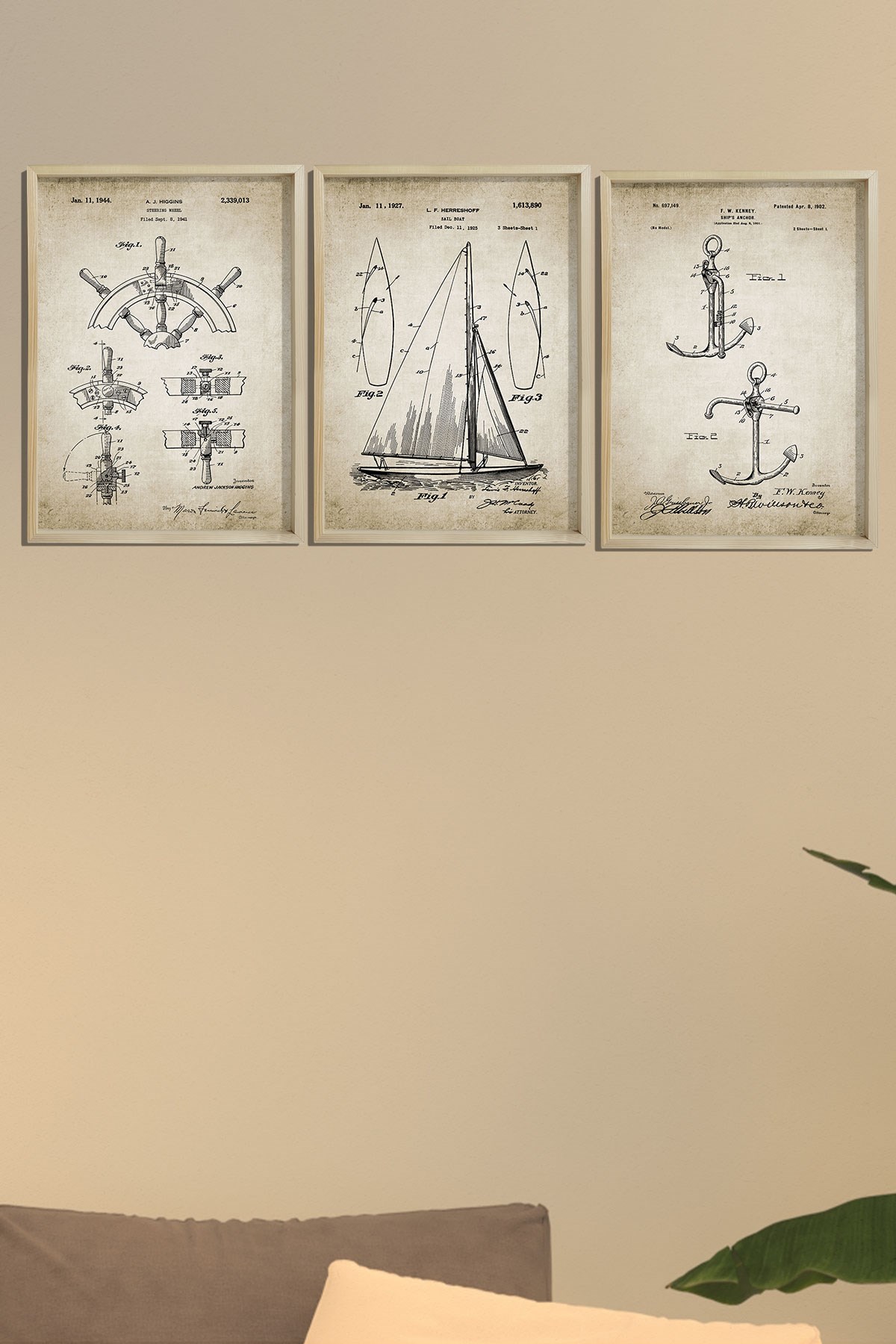 Doğal Çam Çerçeveli Denizci Odası Duvar Tablosu Antik Yelkenli Seti Patentleri