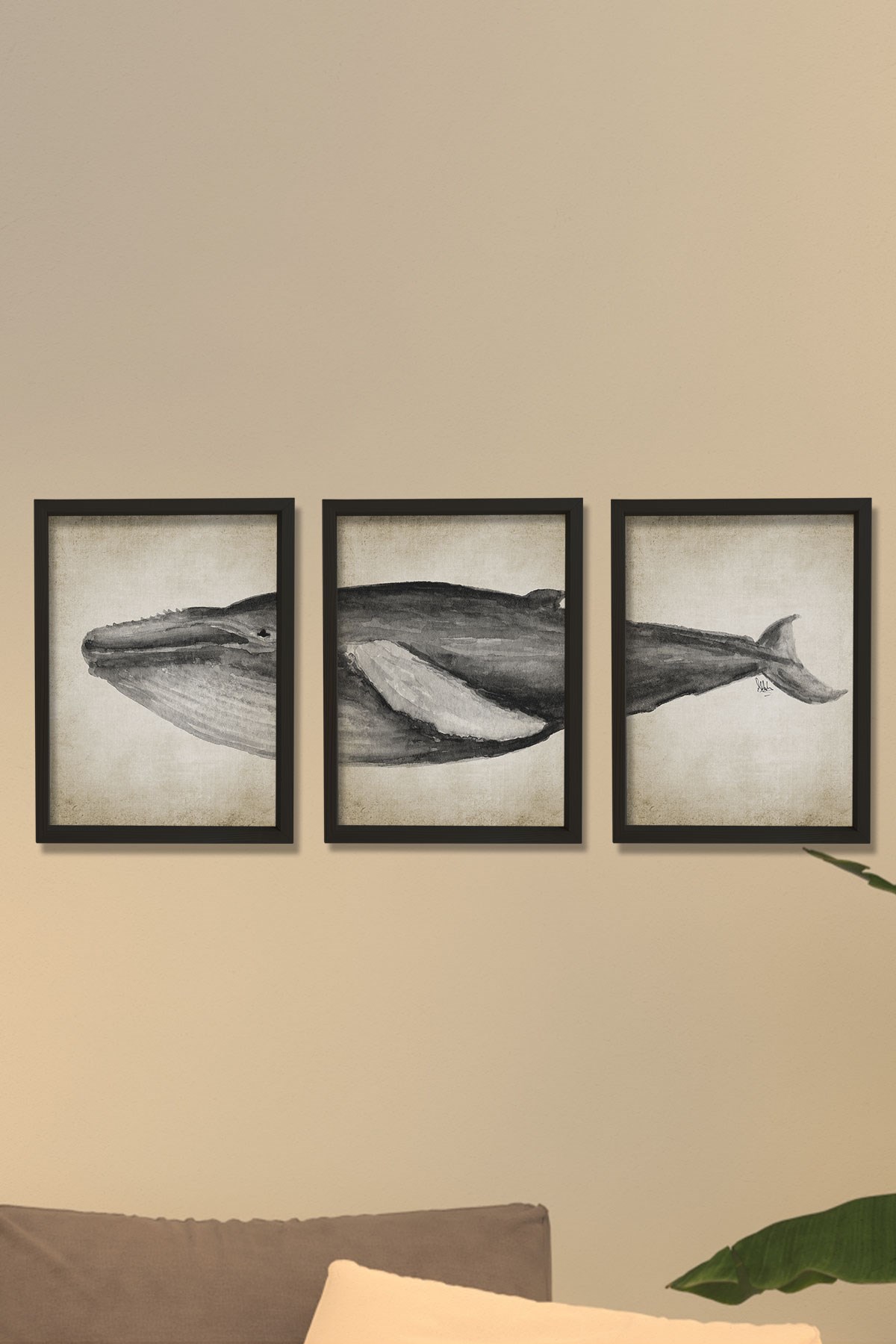 Doğal Çam Çerçeveli Denizci Odası Duvar Tablosu Antik Mavi Balina