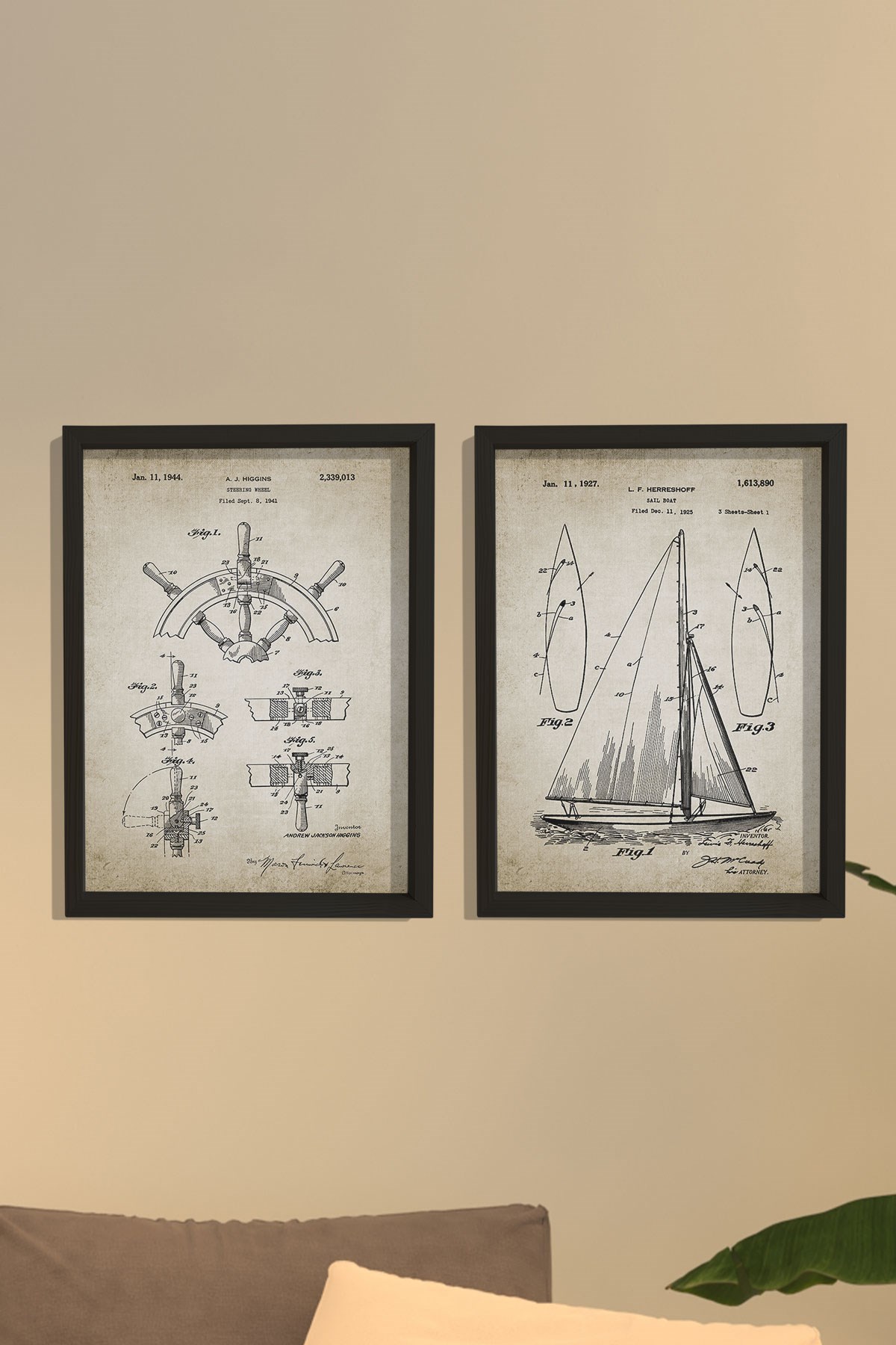 Doğal Çam Çerçeveli Denizci Odası Duvar Tablosu Yelkenli ve Dümen Patenti 1927