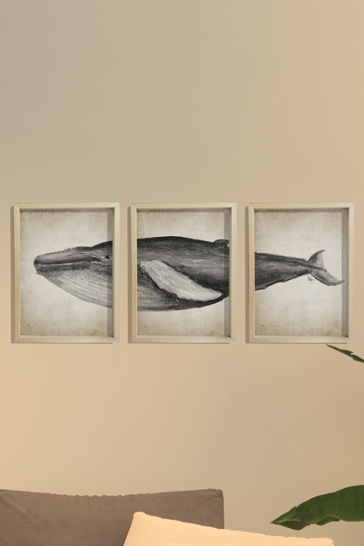 Doğal Çam Çerçeveli Denizci Odası Duvar Tablosu Antik Mavi Balina