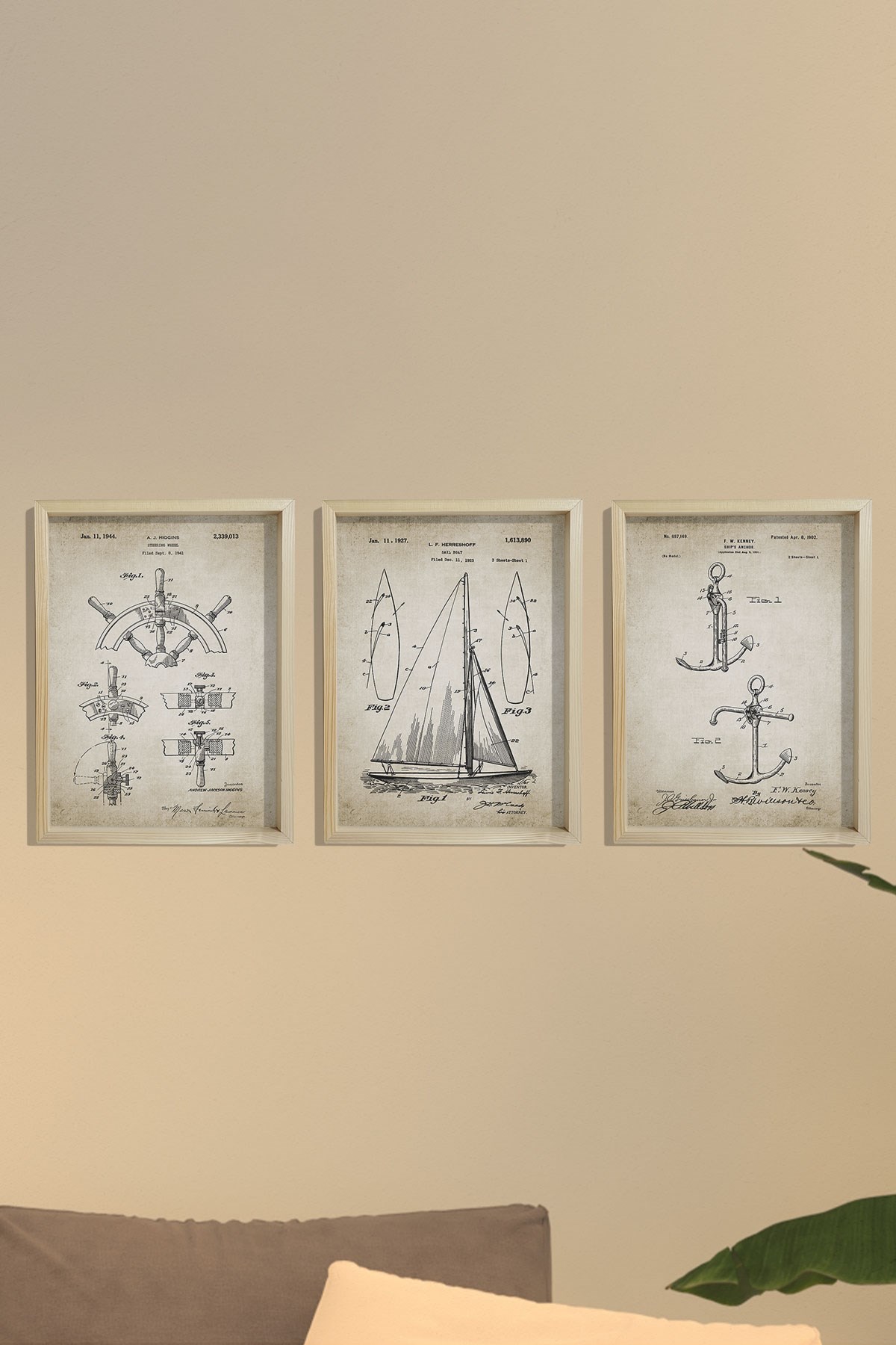 Doğal Çam Çerçeveli Denizci Odası Duvar Tablosu Antik Yelkenli Seti Patentleri