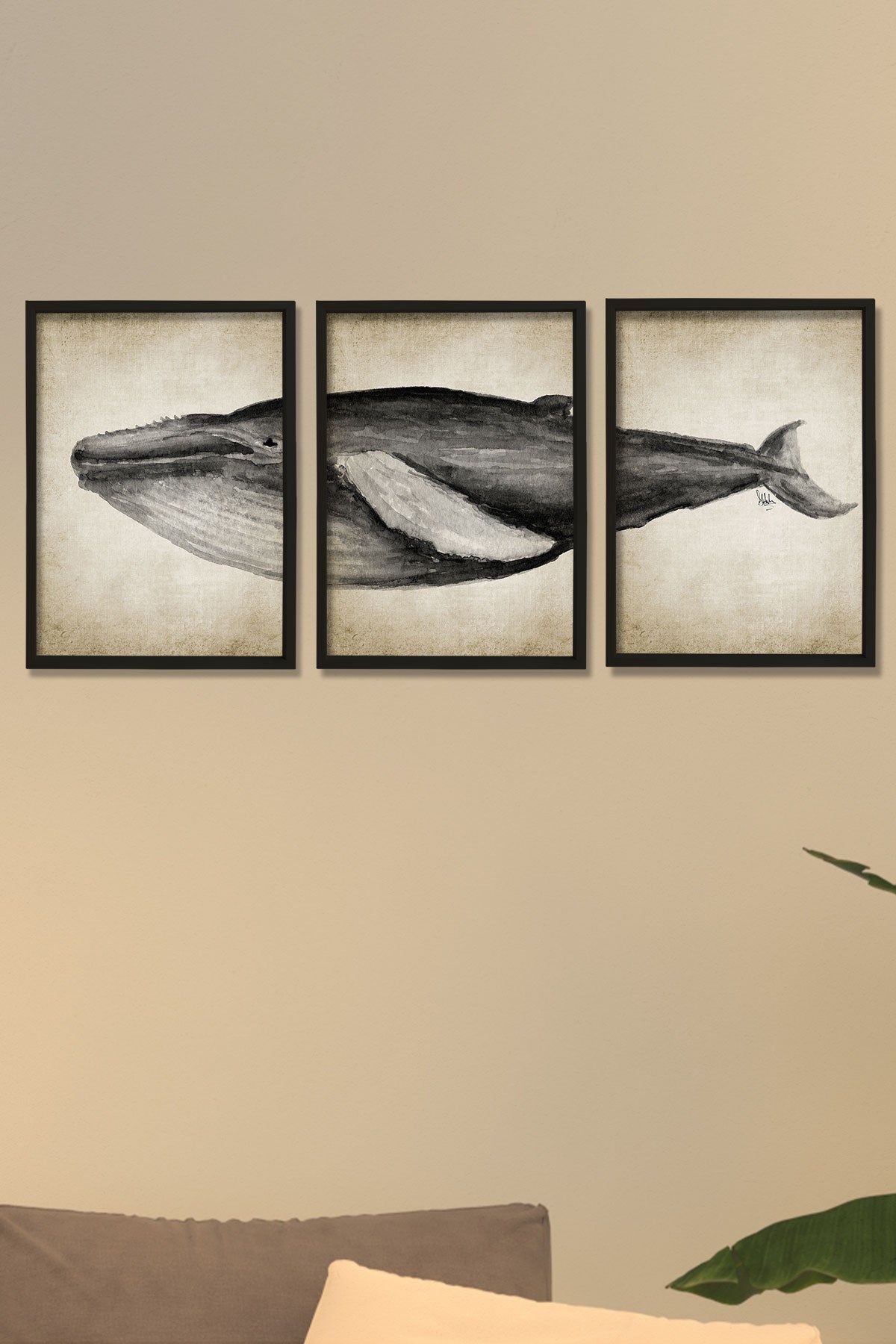 Doğal Çam Çerçeveli Denizci Odası Duvar Tablosu Antik Mavi Balina