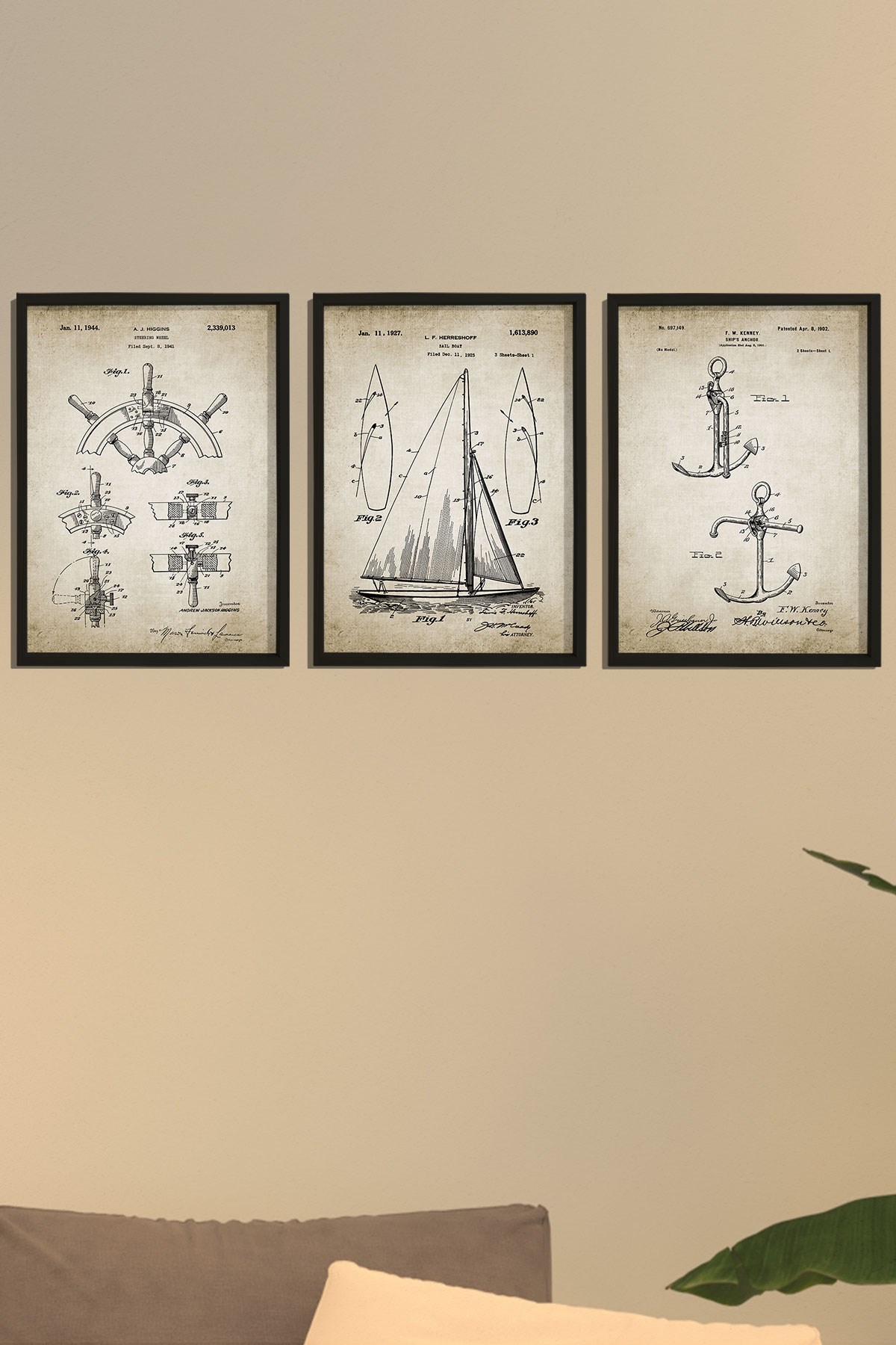Doğal Çam Çerçeveli Denizci Odası Duvar Tablosu Antik Yelkenli Seti Patentleri