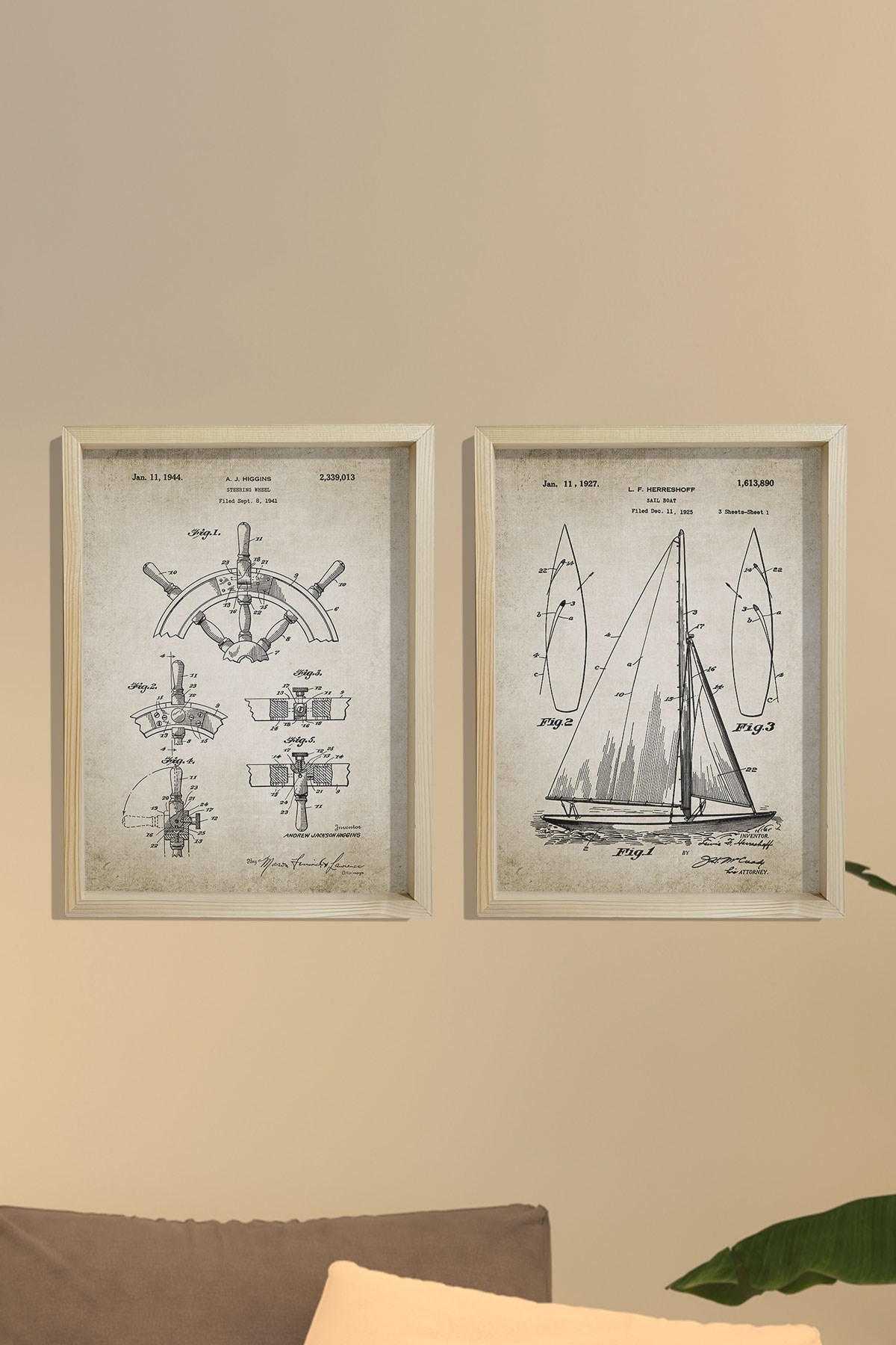 Doğal Çam Çerçeveli Denizci Odası Duvar Tablosu Yelkenli ve Dümen Patenti 1927