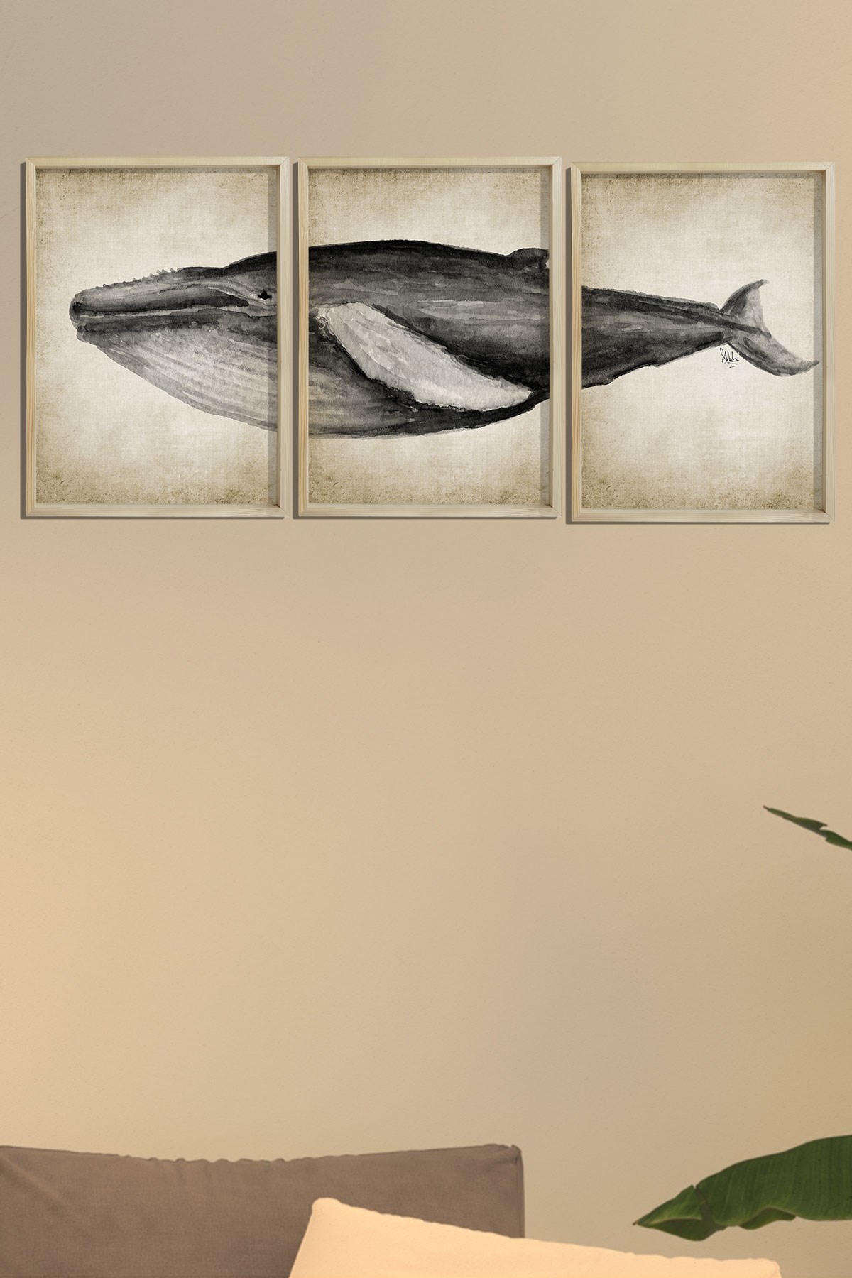 Doğal Çam Çerçeveli Denizci Odası Duvar Tablosu Antik Mavi Balina