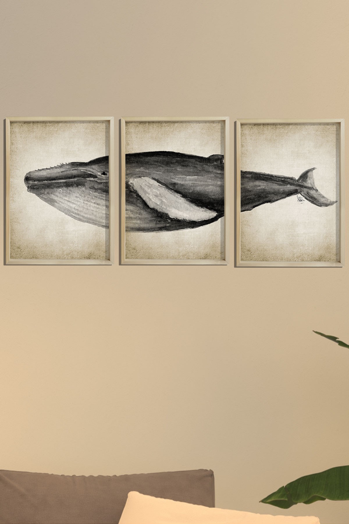 Doğal Çam Çerçeveli Denizci Odası Duvar Tablosu Antik Mavi Balina