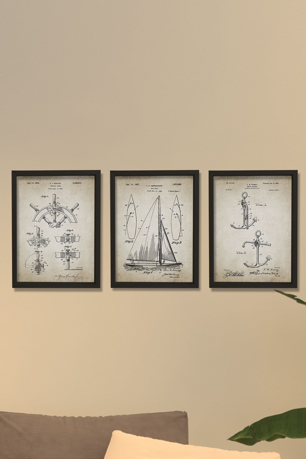 Doğal Çam Çerçeveli Denizci Odası Duvar Tablosu Antik Yelkenli Seti Patentleri