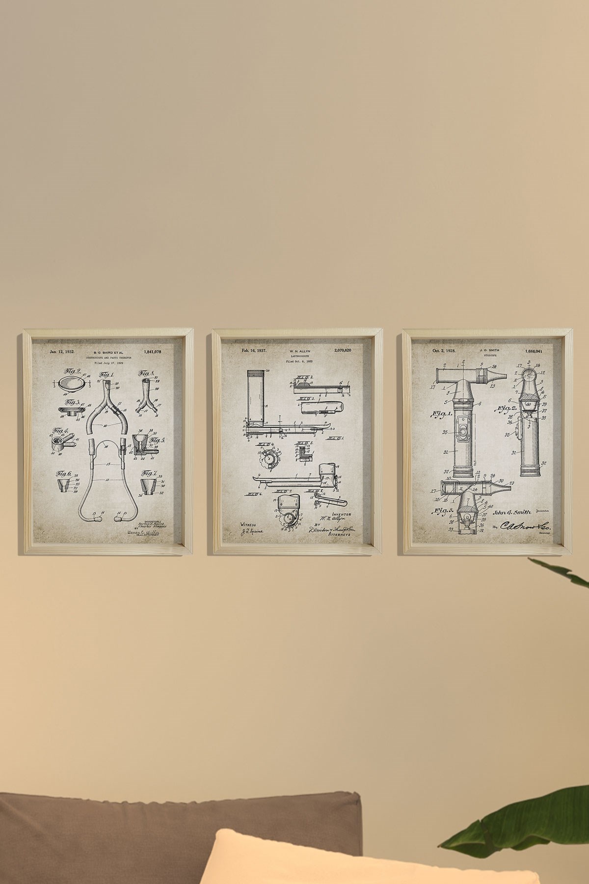 Doğal Çam Çerçeveli Doktor Odası Antik Stetoskop - Otoskop - Laringoskop Patenti
