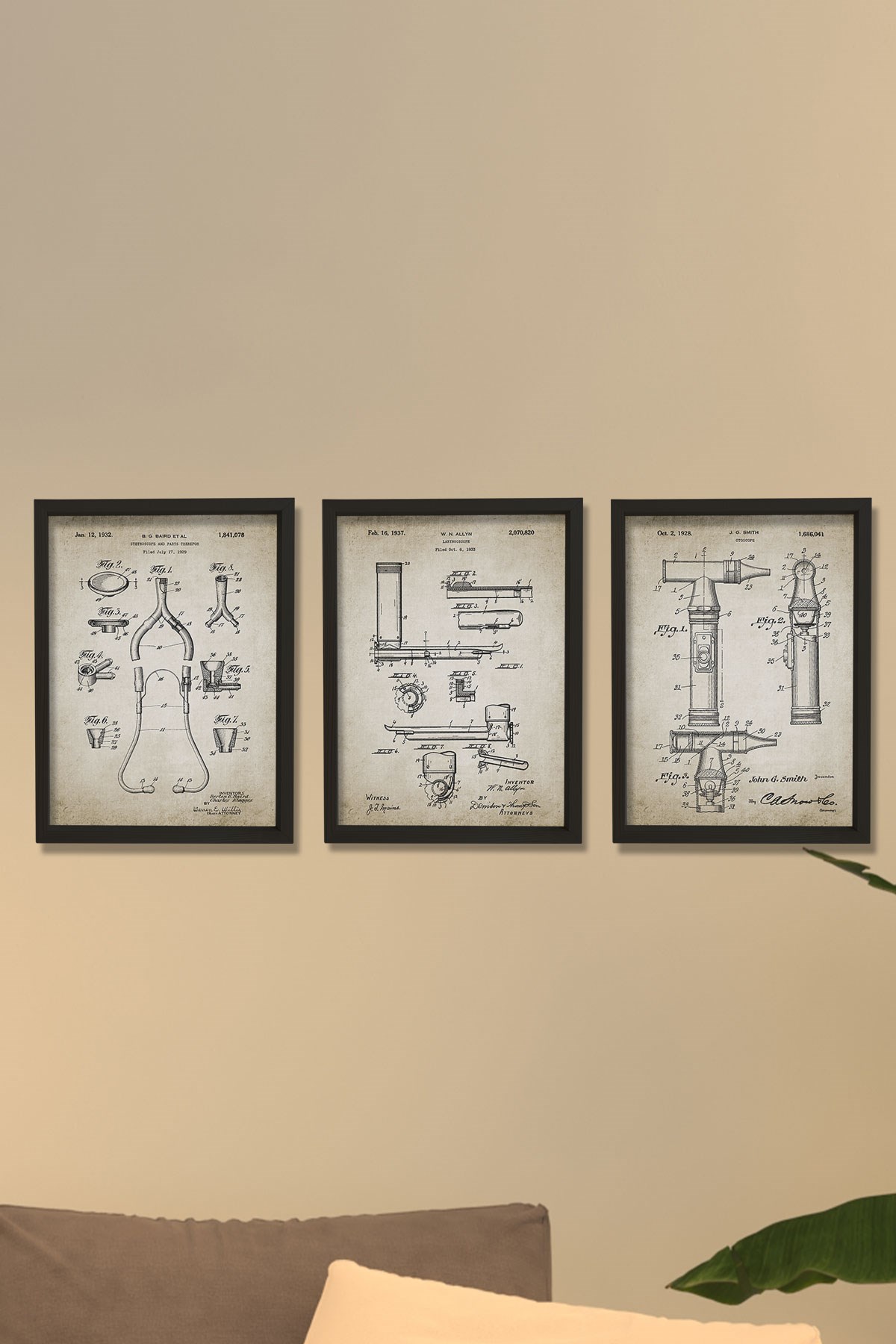 Doğal Çam Çerçeveli Doktor Odası Antik Stetoskop - Otoskop - Laringoskop Patenti