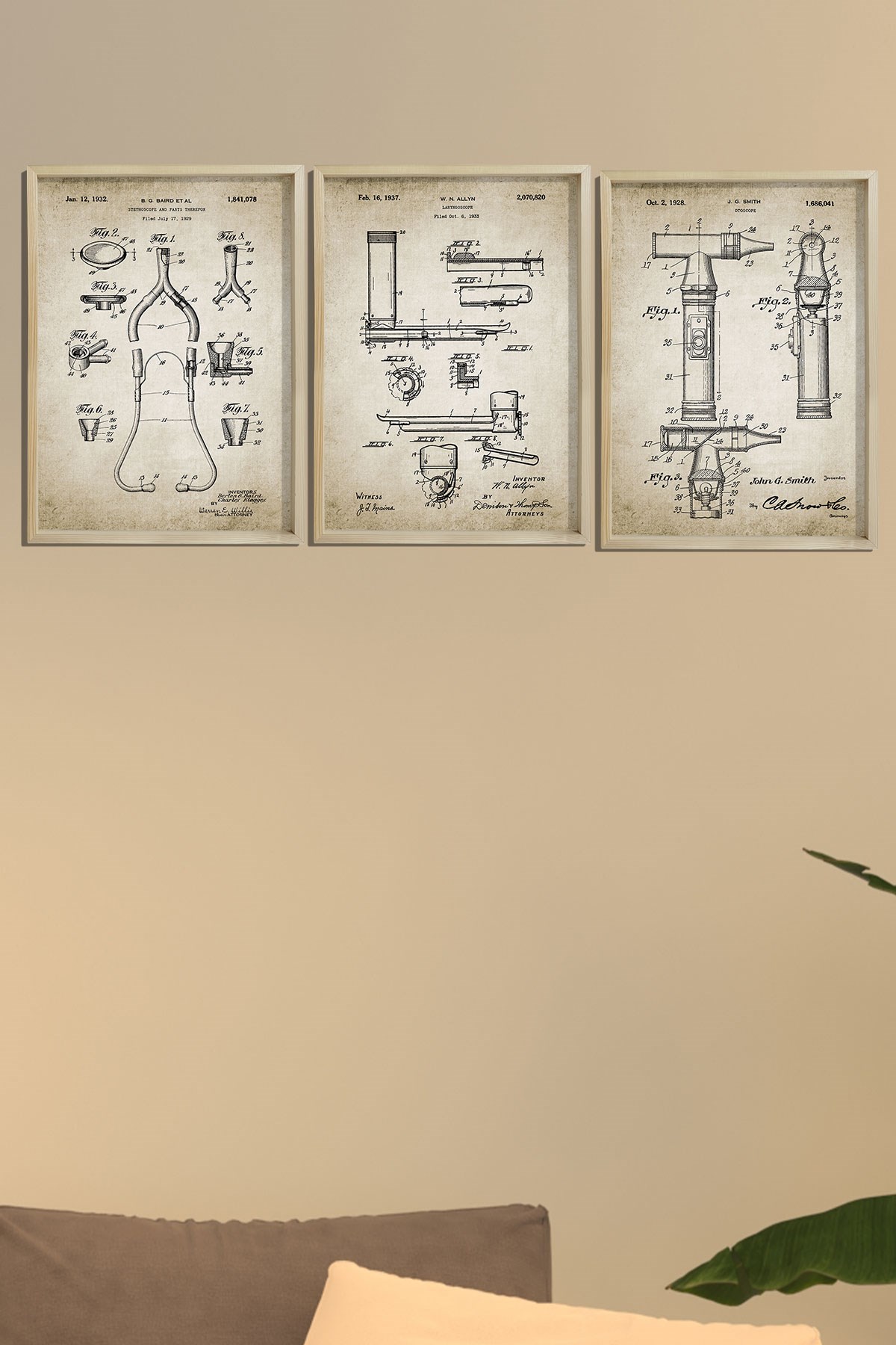 Doğal Çam Çerçeveli Doktor Odası Antik Stetoskop - Otoskop - Laringoskop Patenti