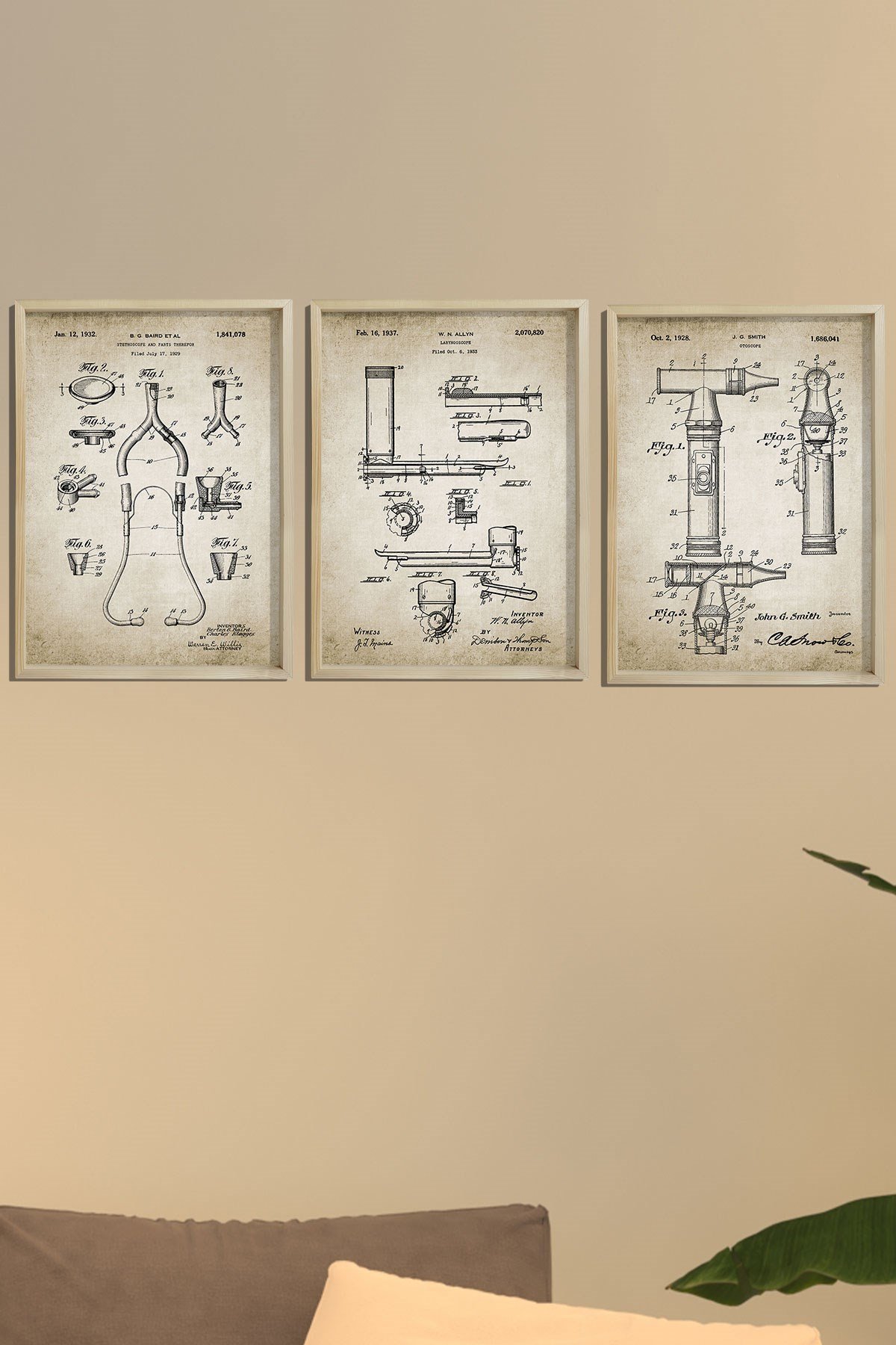 Doğal Çam Çerçeveli Doktor Odası Antik Stetoskop - Otoskop - Laringoskop Patenti