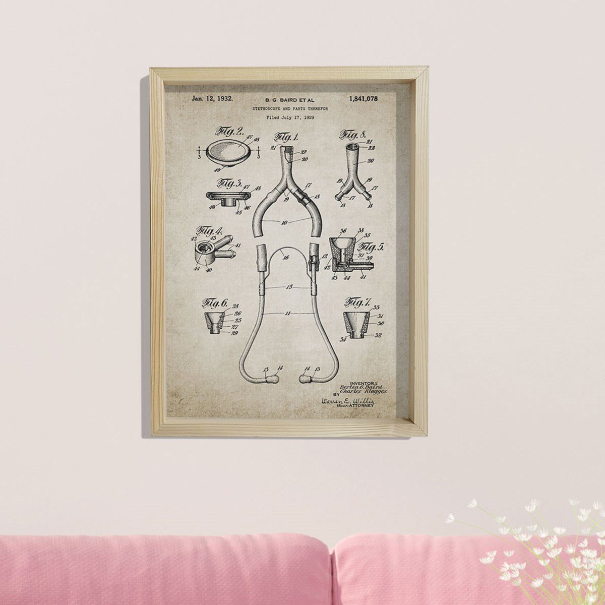 Doğal Çam Çerçeveli Doktor Odası Duvar Tablosu Stetoskop Patent 1932