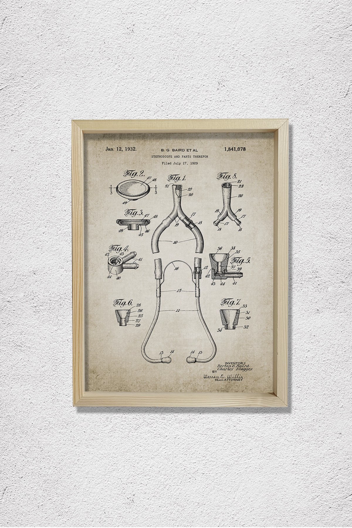 Doğal Çam Çerçeveli Doktor Odası Duvar Tablosu Stetoskop Patent 1932