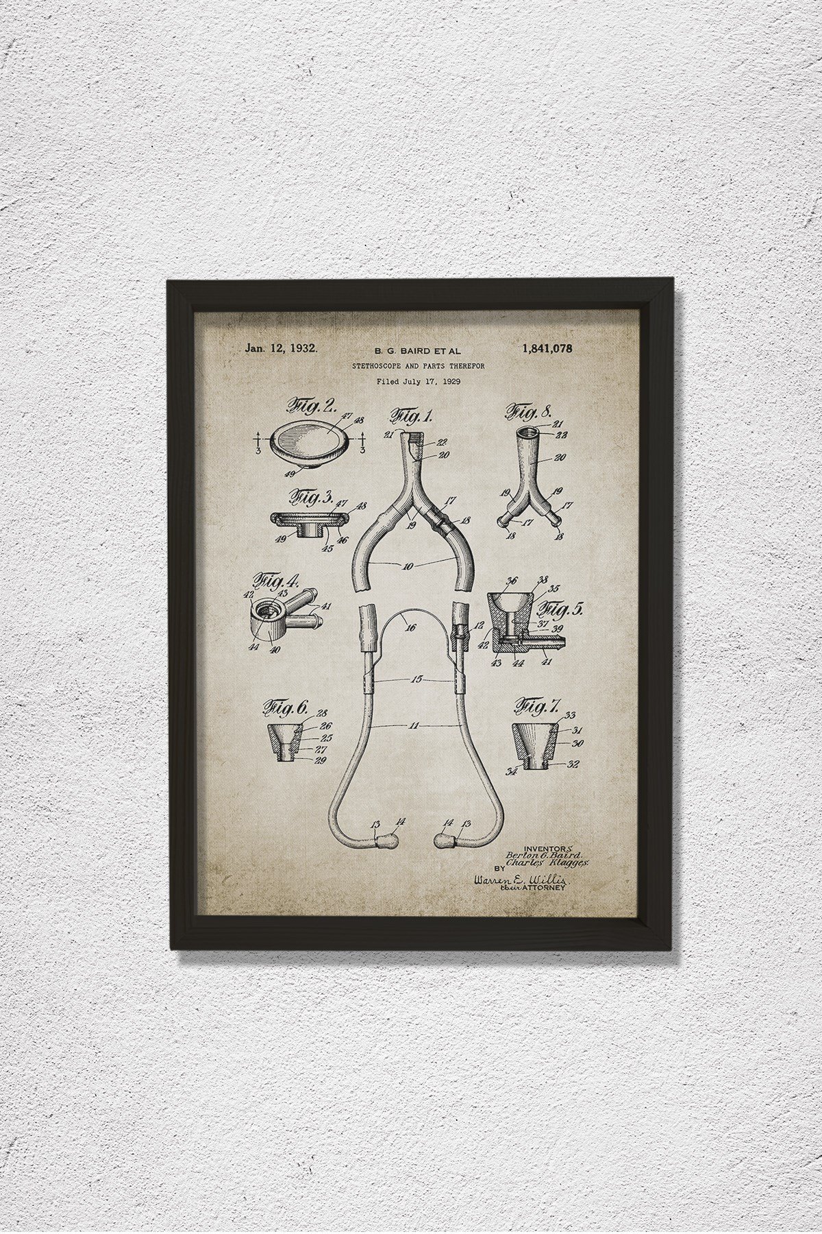 Doğal Çam Çerçeveli Doktor Odası Duvar Tablosu Stetoskop Patent 1932