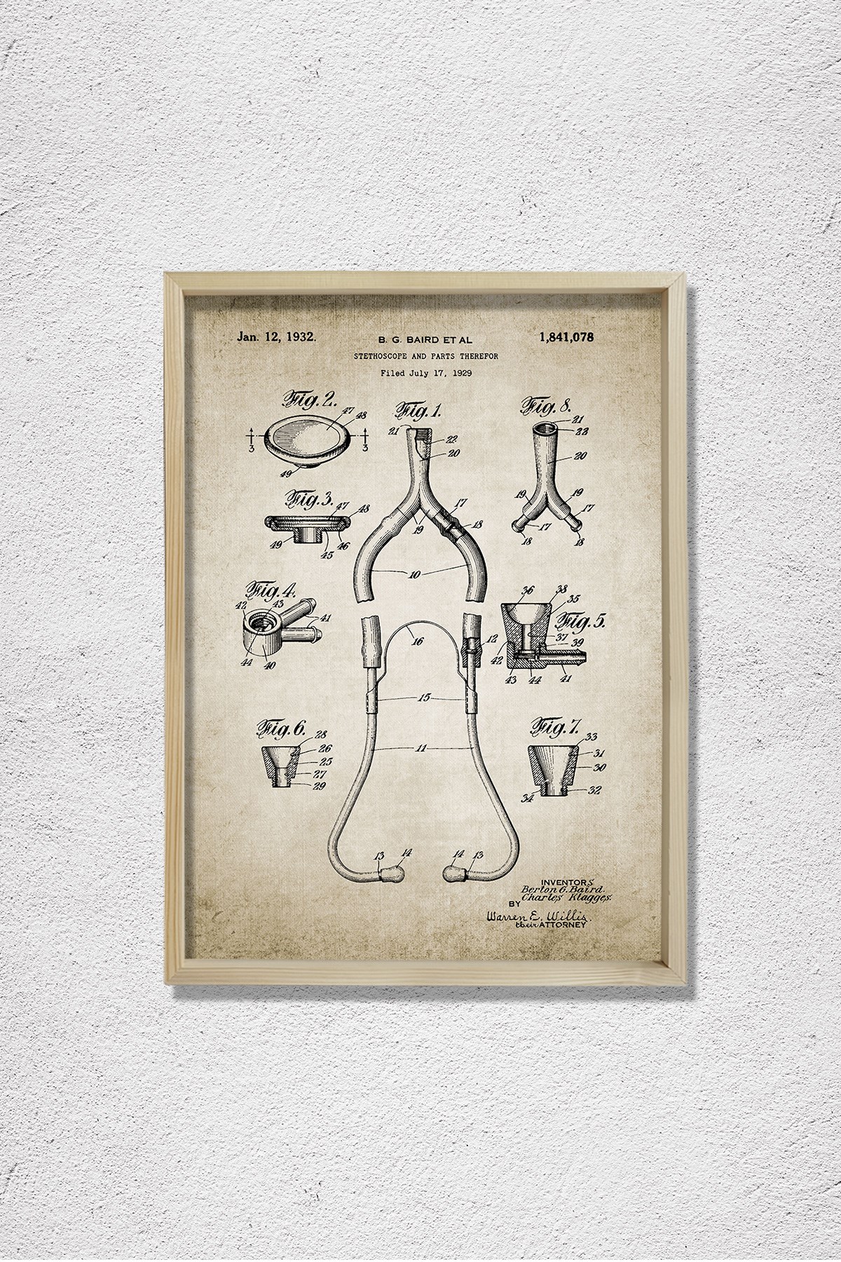Doğal Çam Çerçeveli Doktor Odası Duvar Tablosu Stetoskop Patent 1932
