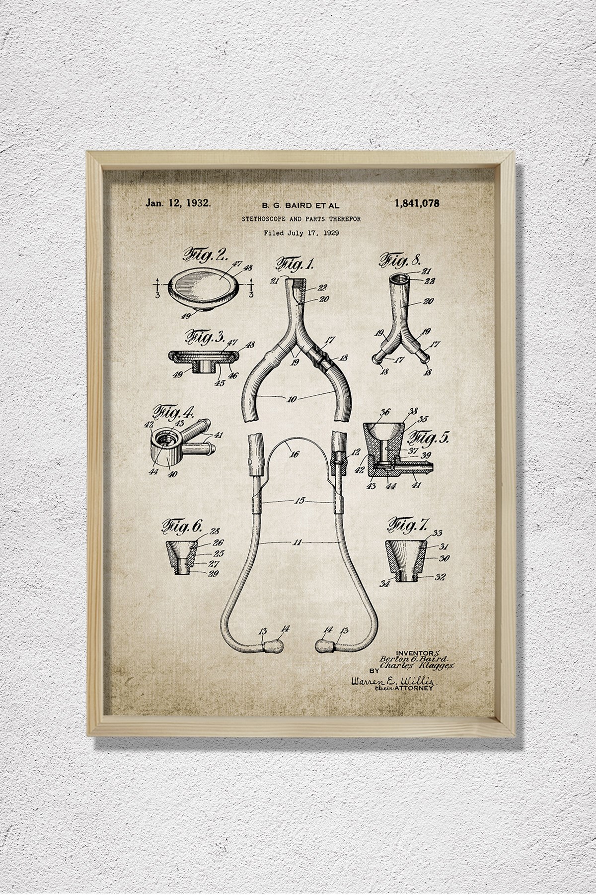 Doğal Çam Çerçeveli Doktor Odası Duvar Tablosu Stetoskop Patent 1932