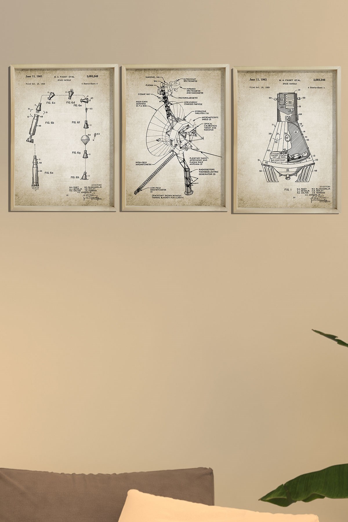 Doğal Çam Çerçeveli Duvar Tablosu Amerikan Uzay Aracı Voyager Patent Baskı 1963