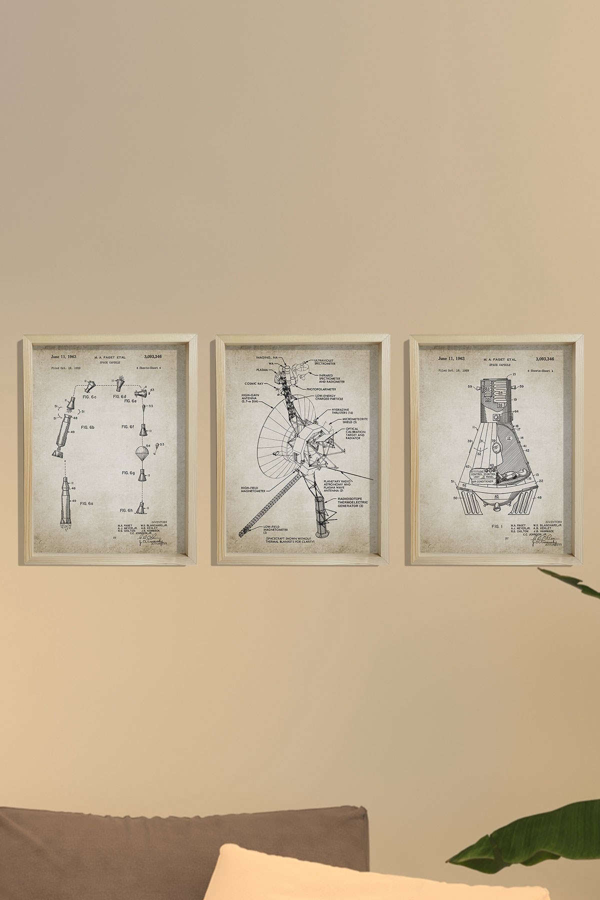 Doğal Çam Çerçeveli Duvar Tablosu Amerikan Uzay Aracı Voyager Patent Baskı 1963