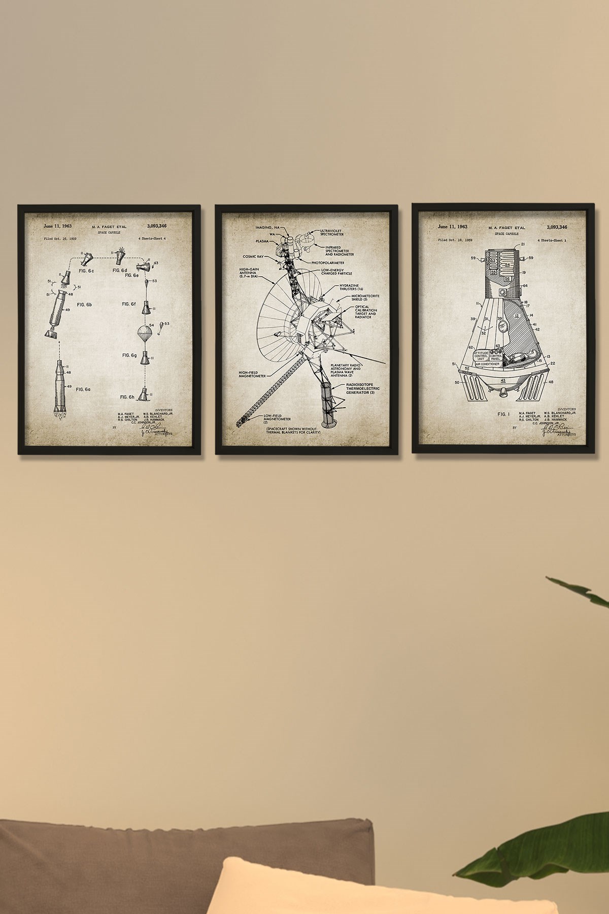 Doğal Çam Çerçeveli Duvar Tablosu Amerikan Uzay Aracı Voyager Patent Baskı 1963